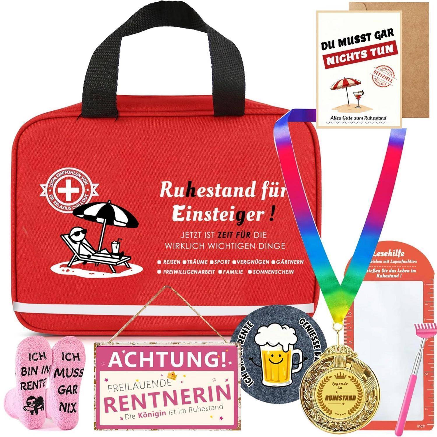 Rote isolierte Tragetasche mit deutschen Slogans über Ruhe und Rente, umgeben von humorvollen Ruhestandsthemen wie Pantoffeln, Schild, Medaille, Bierdeckel und Regenbogenband.