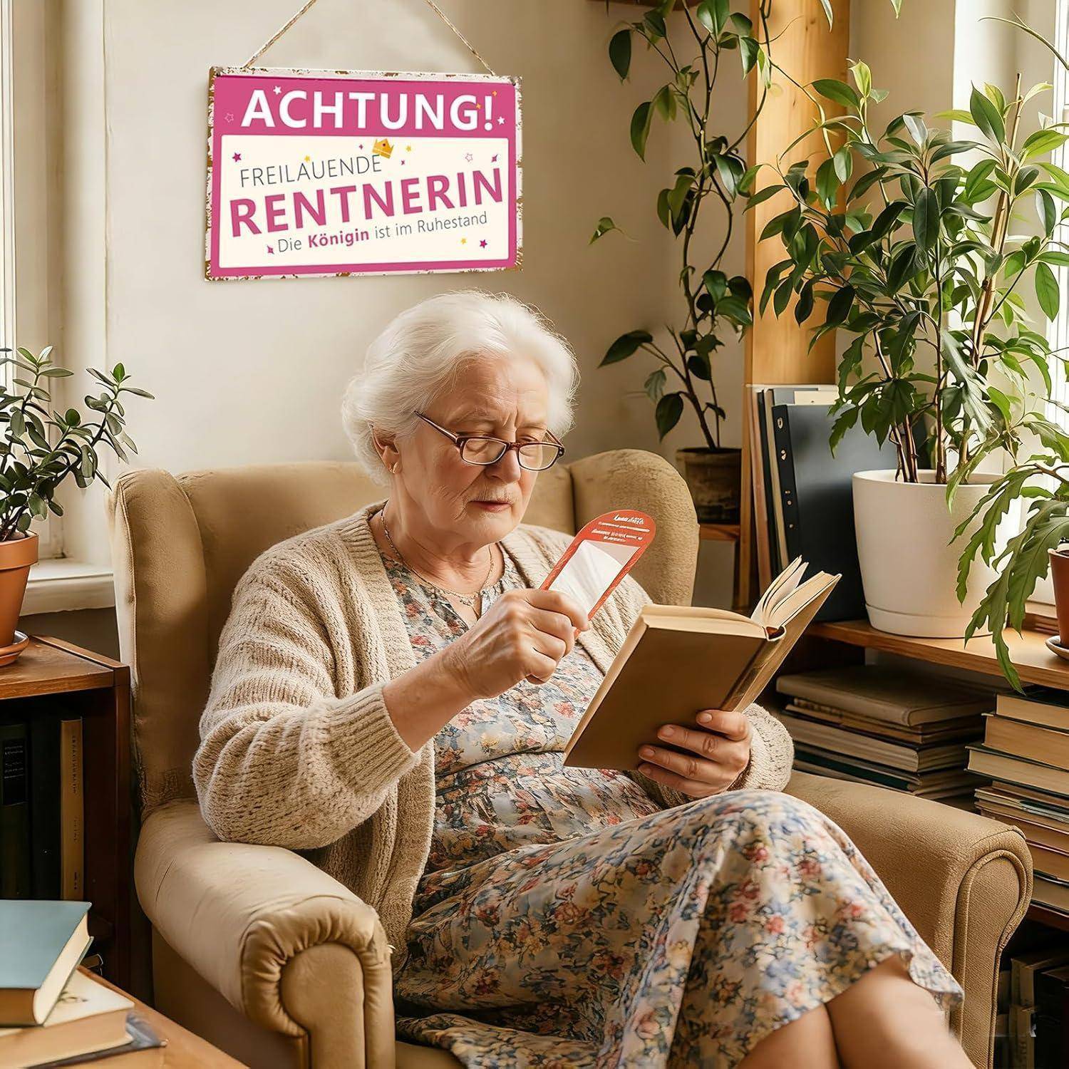 Eine ältere Frau sitzt in einem Sessel und liest ein Buch, mit einem humorvollen deutschen Schild an der Wand hinter ihr.