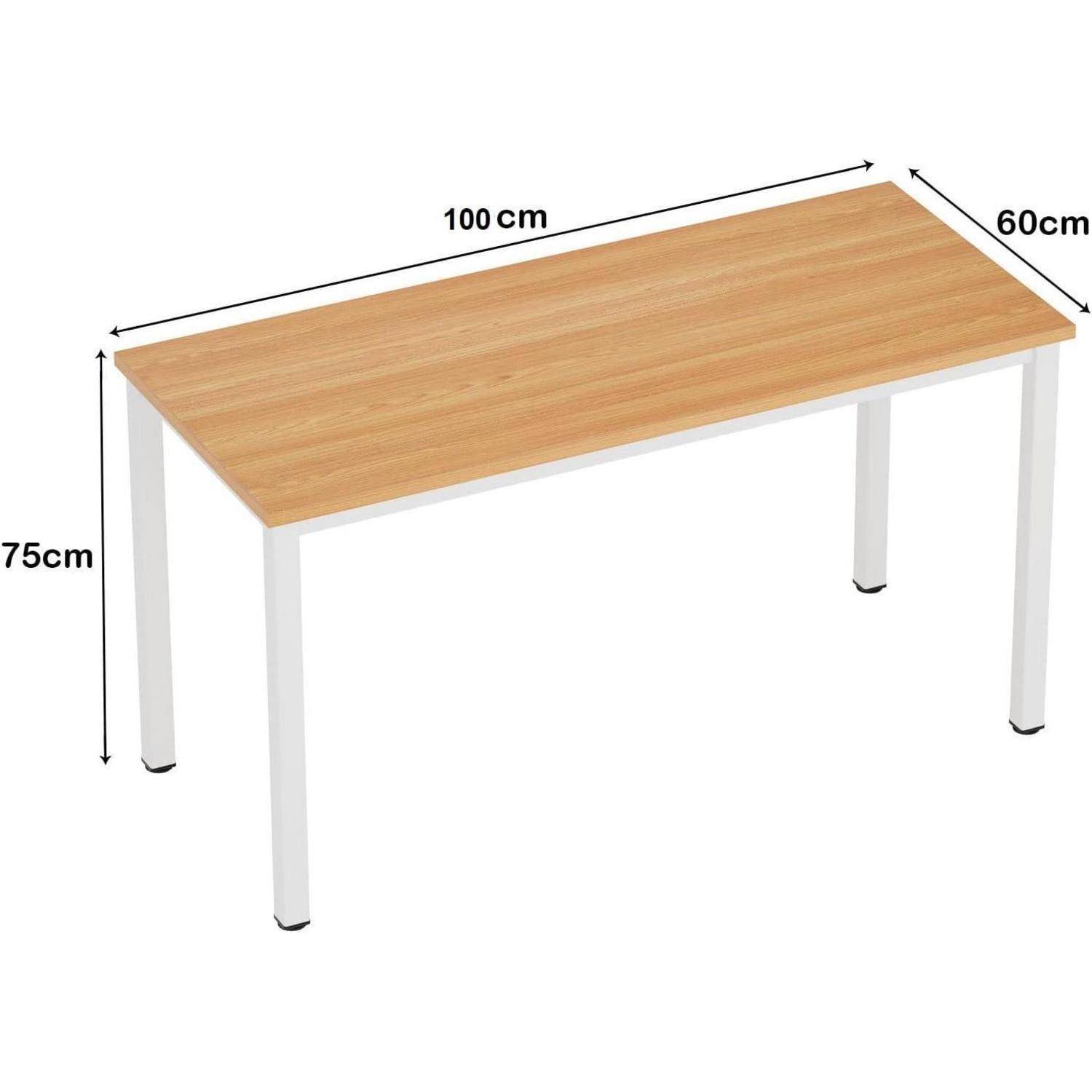 Rechteckiger Tisch mit Holzplatte und weißen Beinen, gezeigt mit den Abmessungen 100 cm lang, 60 cm breit und 75 cm hoch.