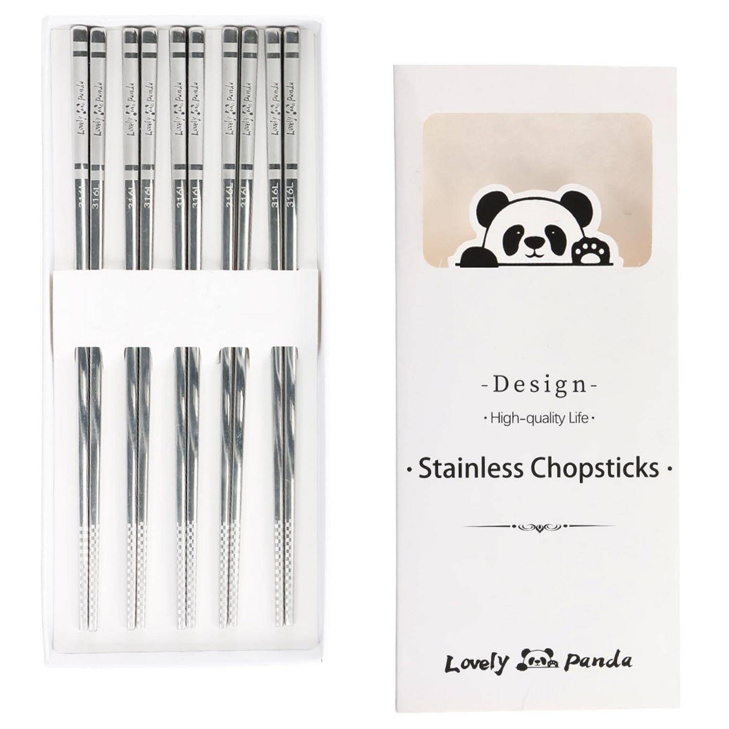 Verpackungsset aus Edelstahl-Stäbchen mit Panda-Design, gezeigt in durchsichtiger Verpackung mit der Aufschrift 