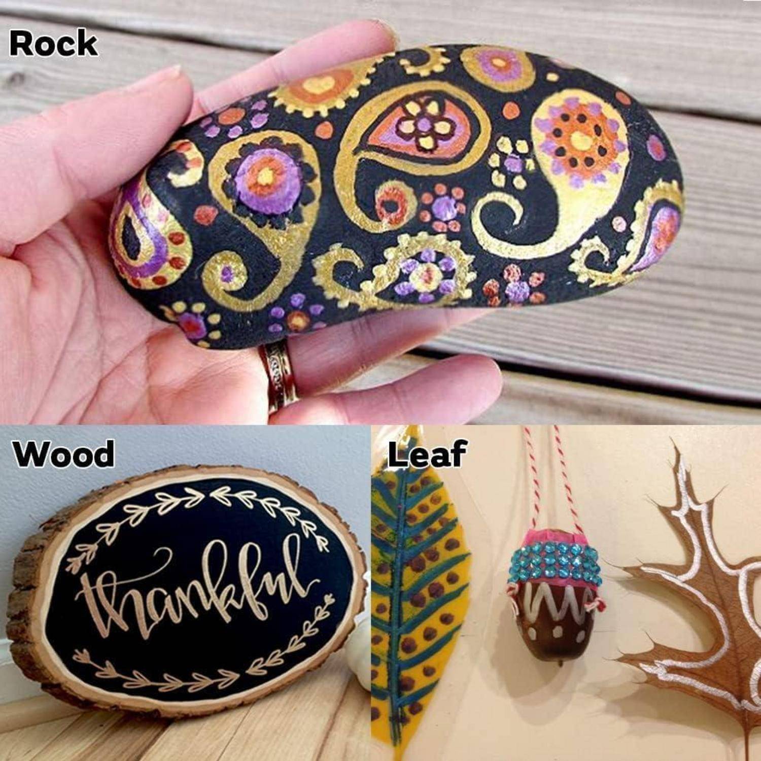 Collage aus dekorativen bemalten Handwerksprodukten mit den Bezeichnungen Stein, Holz und Blatt: ein floraler Stein, eine „dankbar