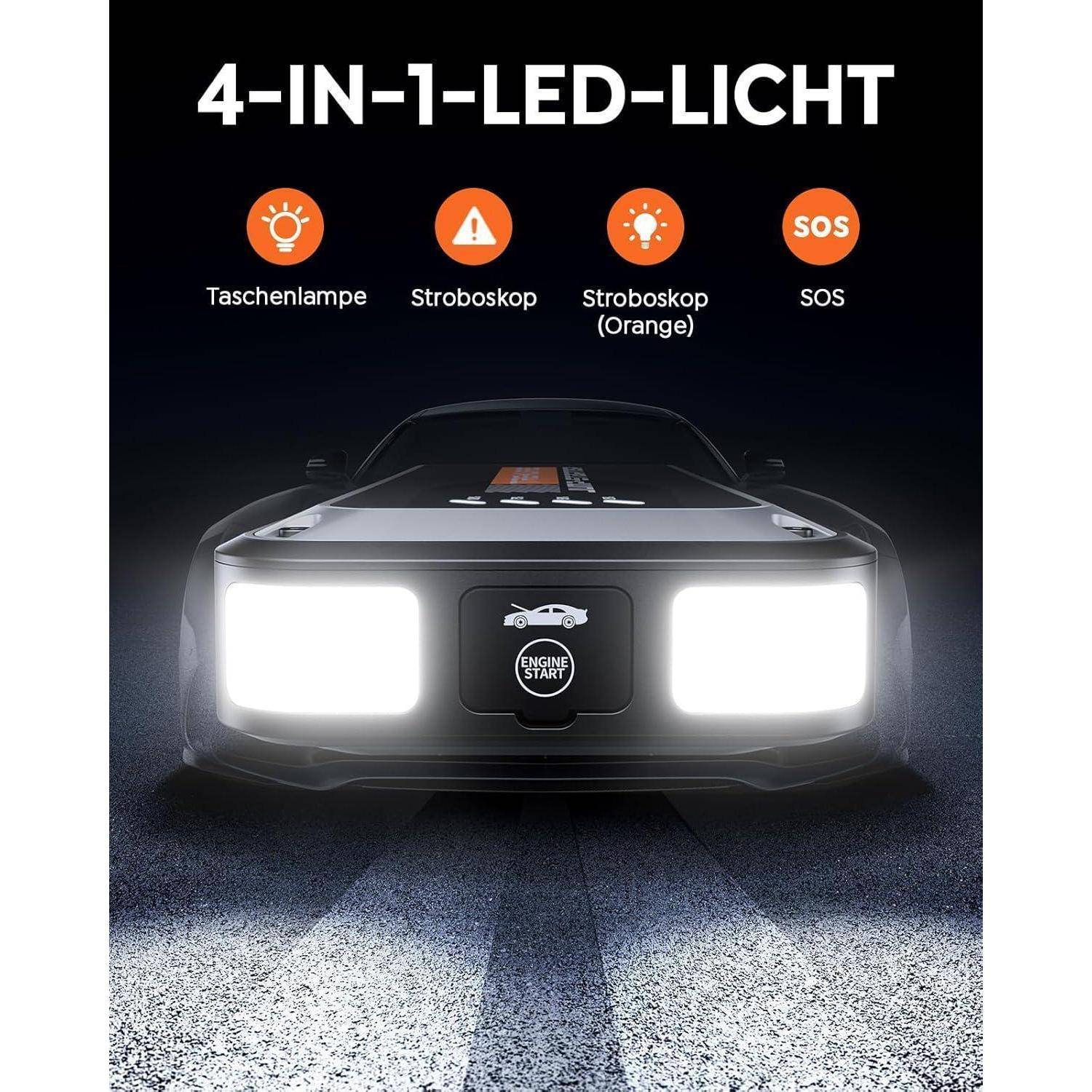 Werbebild eines Starthilfegeräts mit eingebautem 4-in-1-LED-Licht, das Taschenlampen-, Stroboskop-, Orange-Stroboskop- und SOS-Modi zeigt.