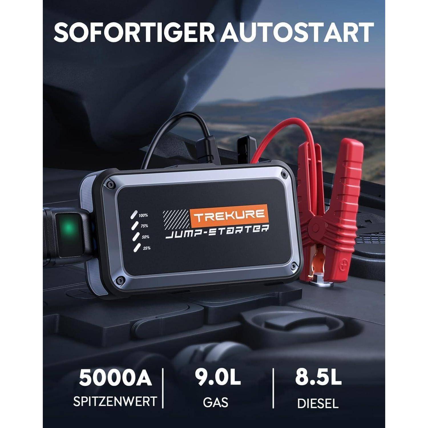 Werbebild eines Trekure-Starthilfegeräts mit Klemmen, mit der Bezeichnung „SOFORTIGER AUTOSTART