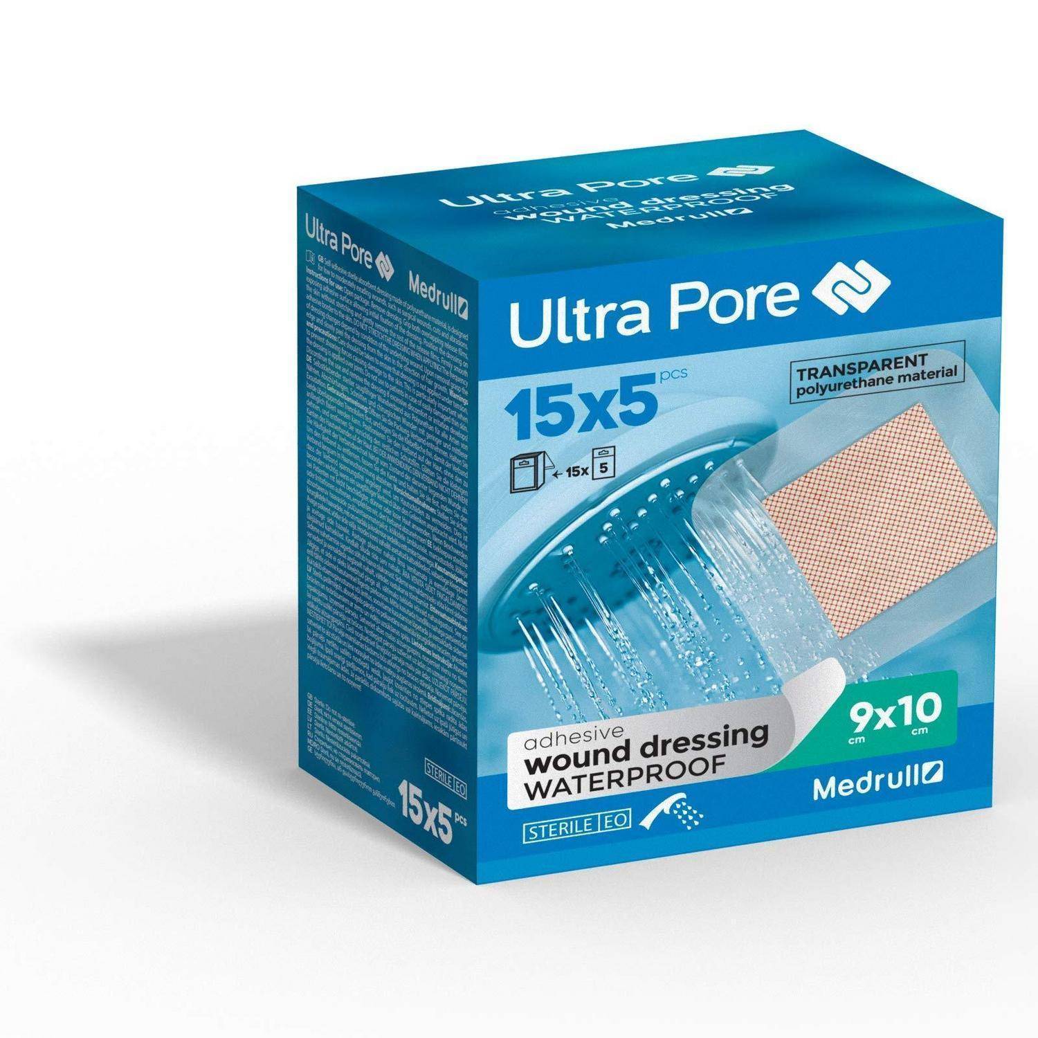 Karton mit Ultra Pore wasserfesten Klebstoff-Wundverbänden, 15 x 5 Stück, mit transparentem Polyurethanmaterial und 9 x 10 cm Größe auf der Verpackung gezeigt.
