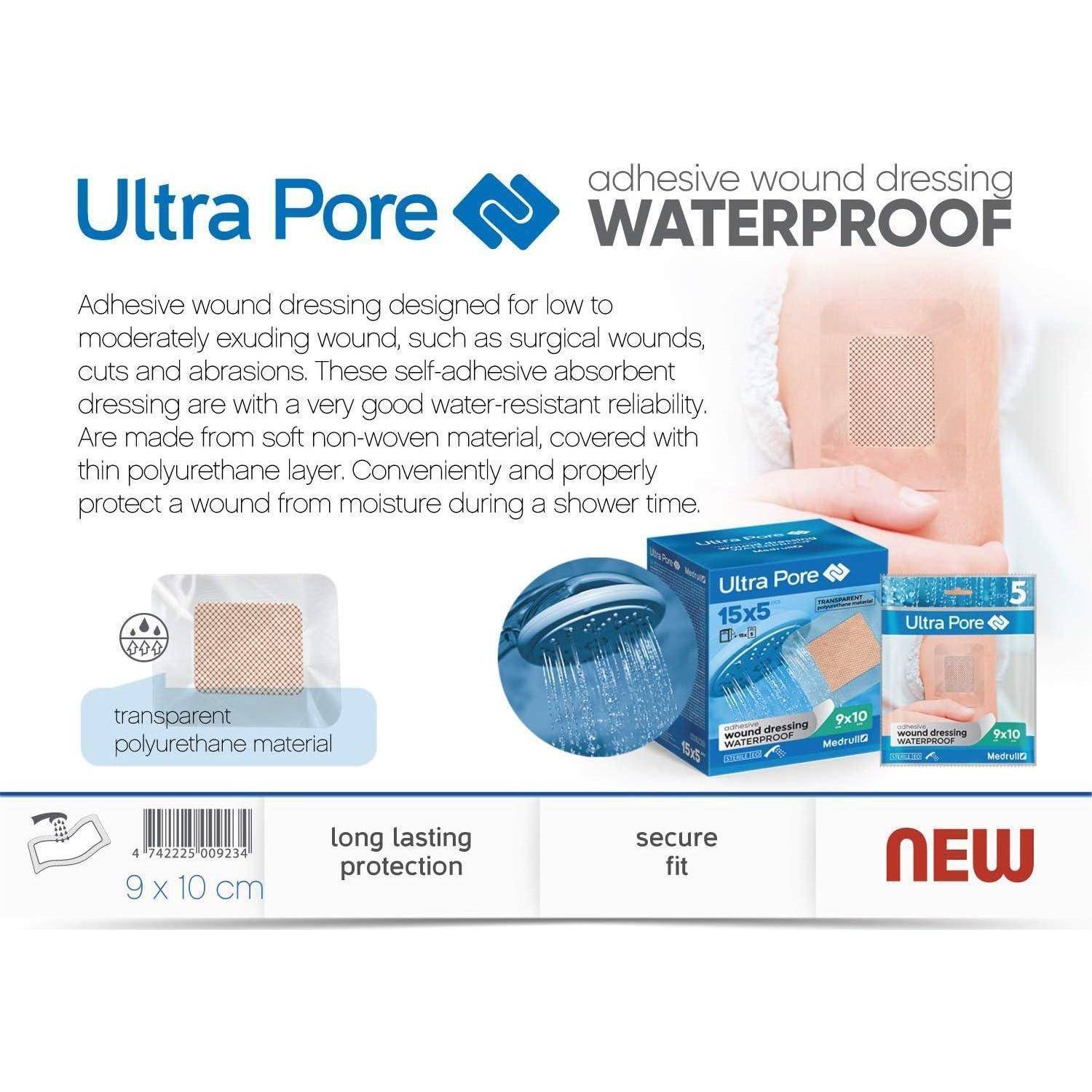 Werbung für Ultra Pore wasserdichtes Klebe-Wundpflaster, gezeigt auf der Haut und Verpackung, hervorhebend langanhaltenden Schutz, sichere Passform und transparentes Polyurethan-Material.