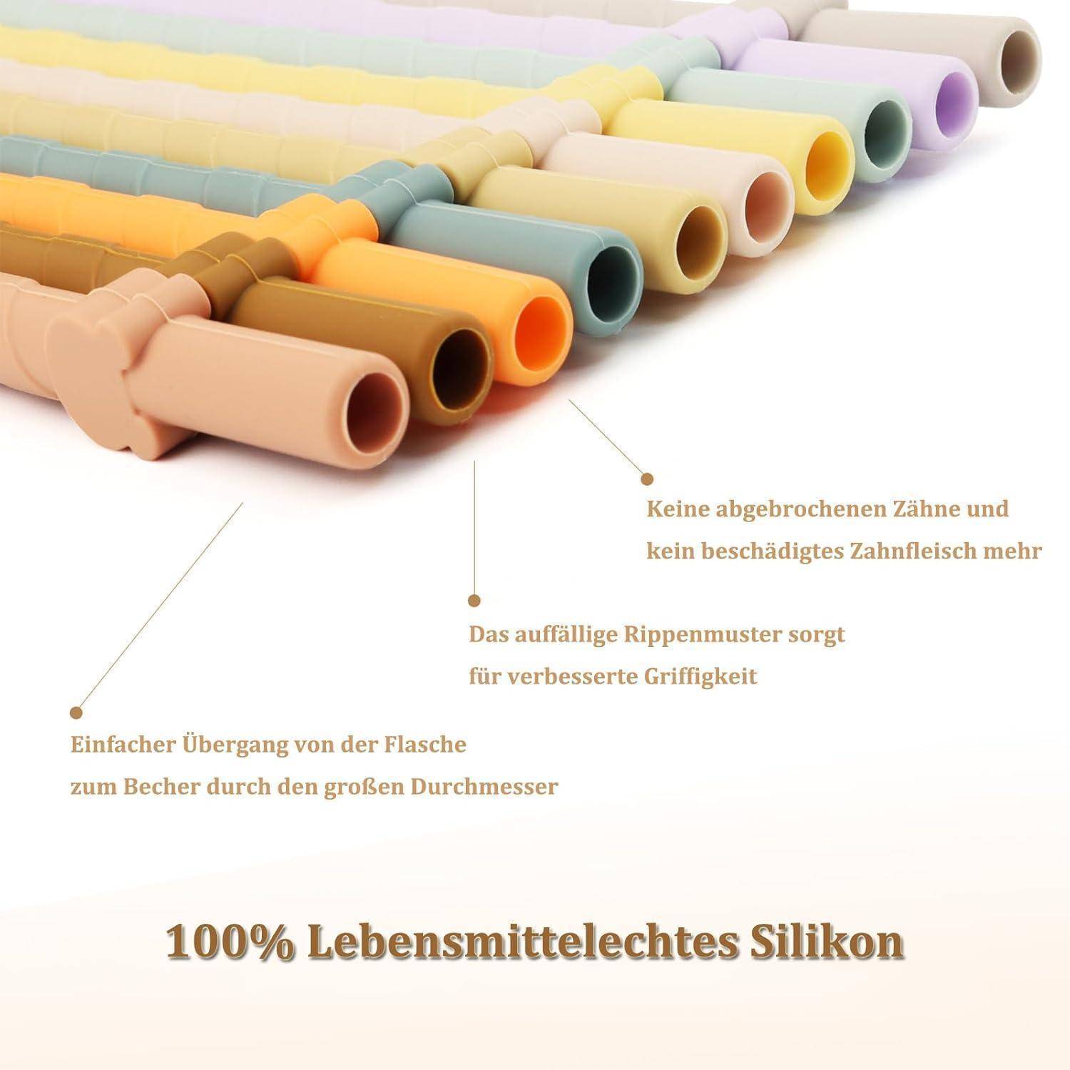 Satz aus farbenfrohen Silikonbecherhüllen/Trinkhalmen mit deutschen Etiketten, die den einfachen Übergang von der Flasche zur Tasse, griffige Oberfläche und lebensmittelechtes Silikon hervorheben.
