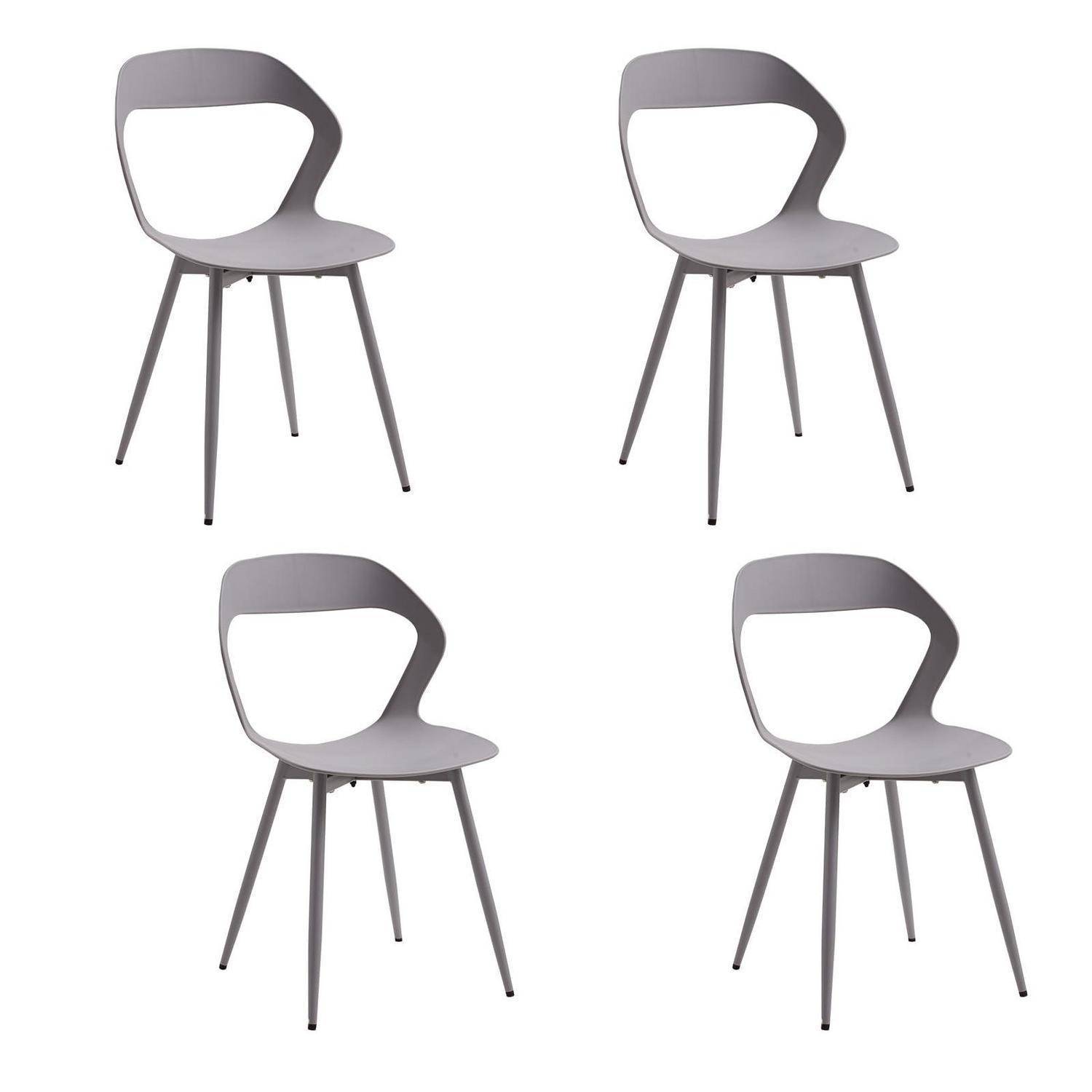 Vier graue moderne Stühle mit geschwungenen offenen Rückenlehnen, gezeigt auf einem schlichten weißen Hintergrund.