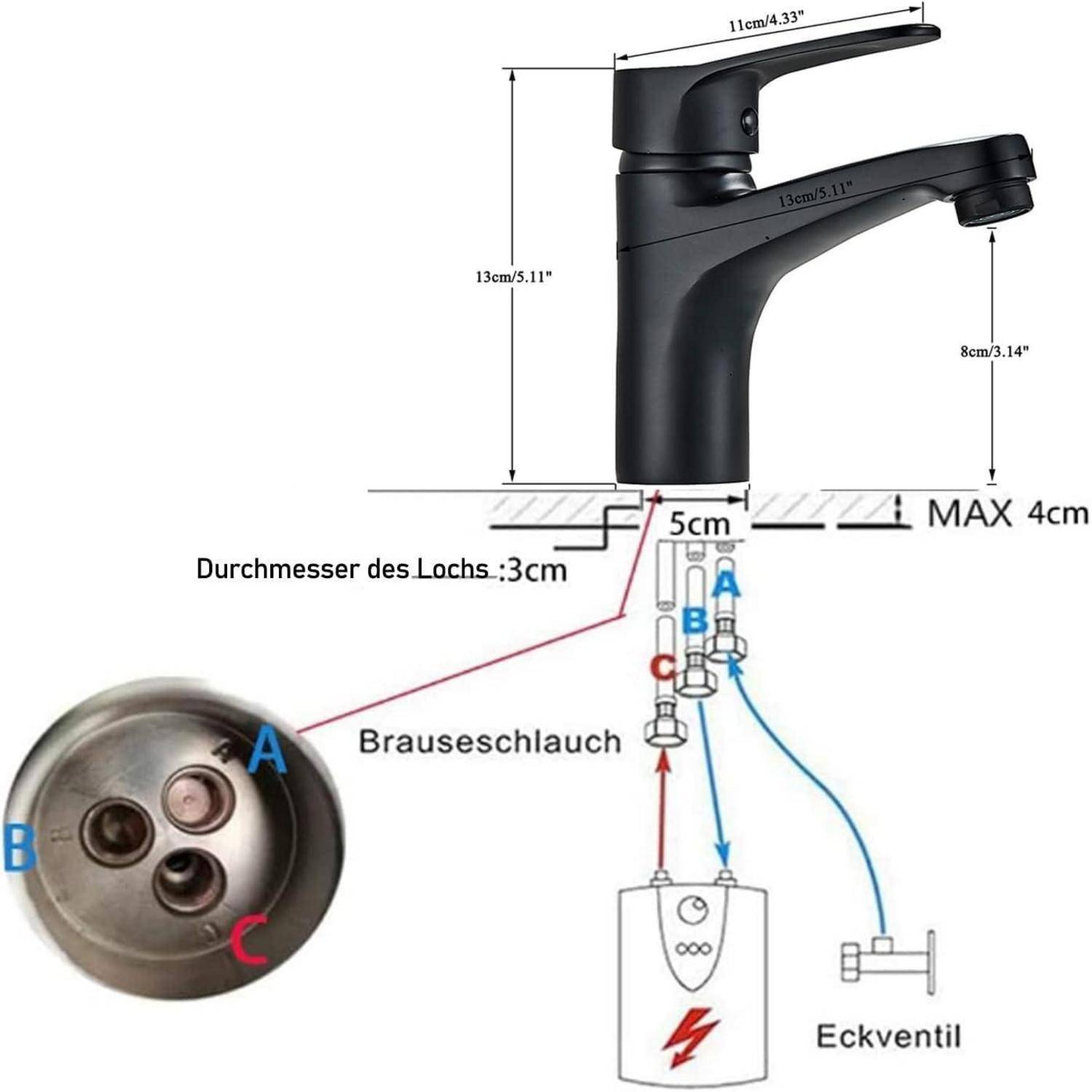 Diagramm einer Badezimmerwasserhahn-Installation mit Abmessungen, 3 cm Loch-Durchmesser, maximale 4 cm Dicke und Schlauch-/Ventilverbindungspunkte A, B, C.