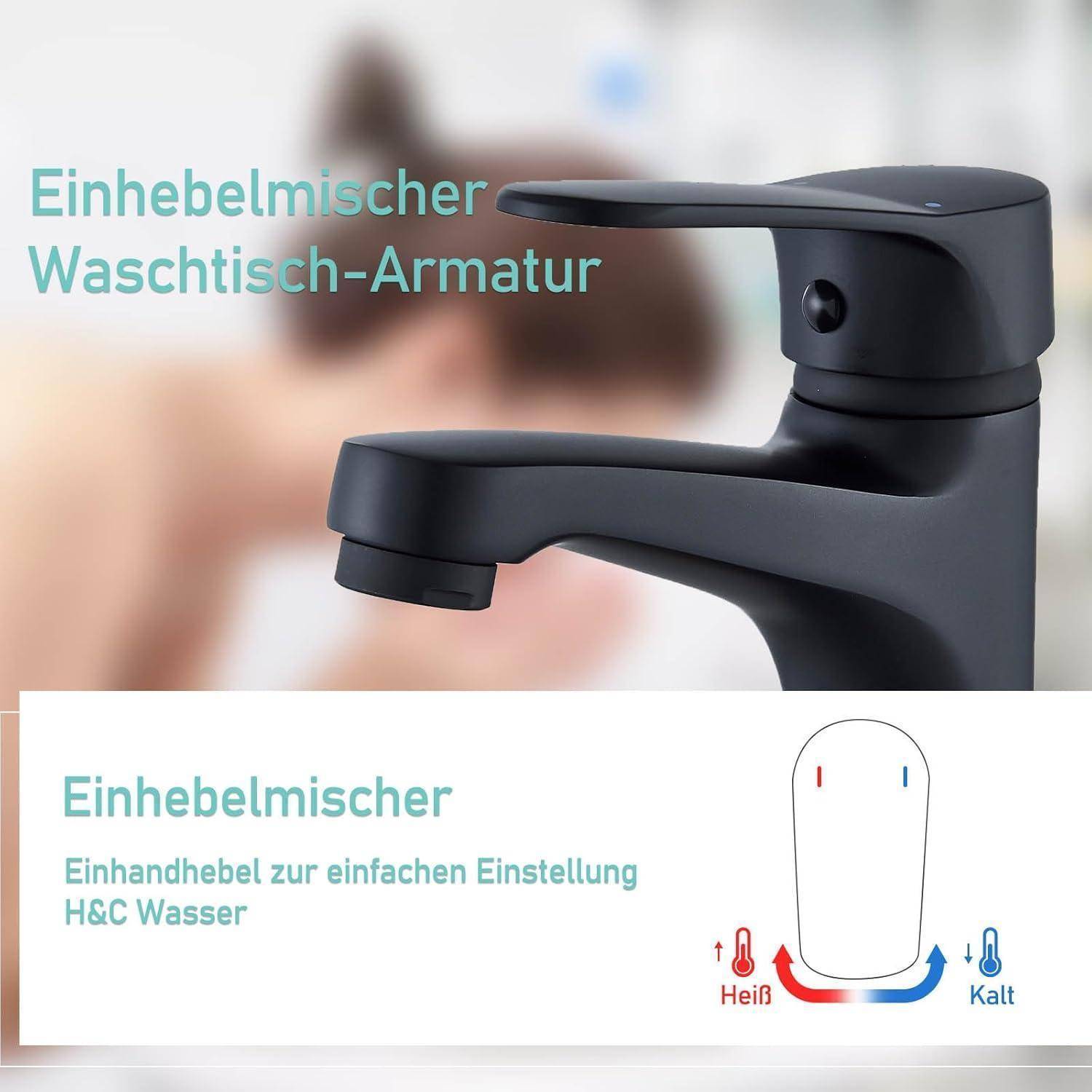 Schwarzer Einhebelmischer für das Badezimmer mit deutscher Aufschrift „Einhebelmischer Waschtisch-Armatur