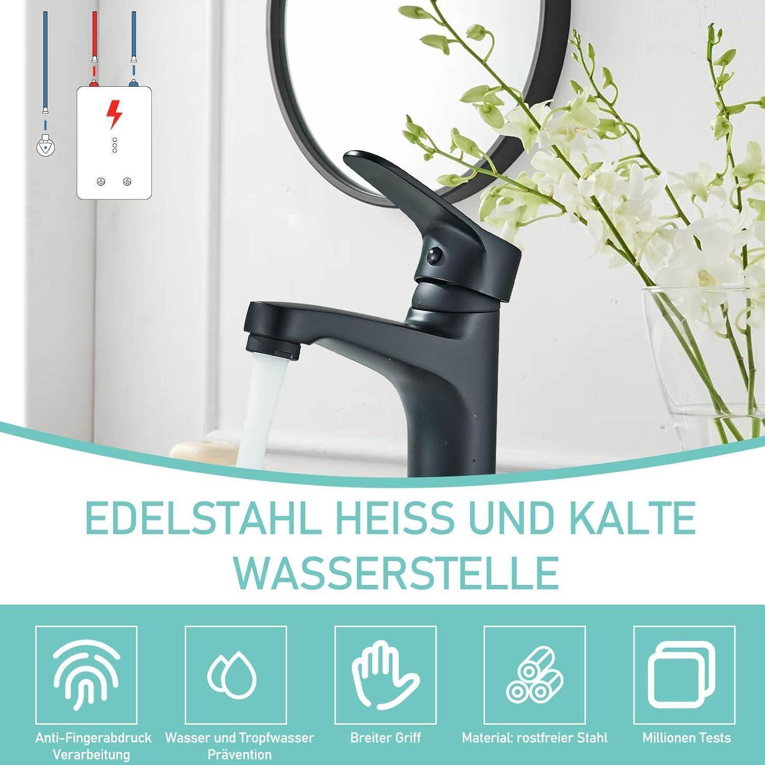 Moderner schwarzer Küchenarmatur mit weißem Warmwasserbereiter und Blumen; deutscher Text lautet 