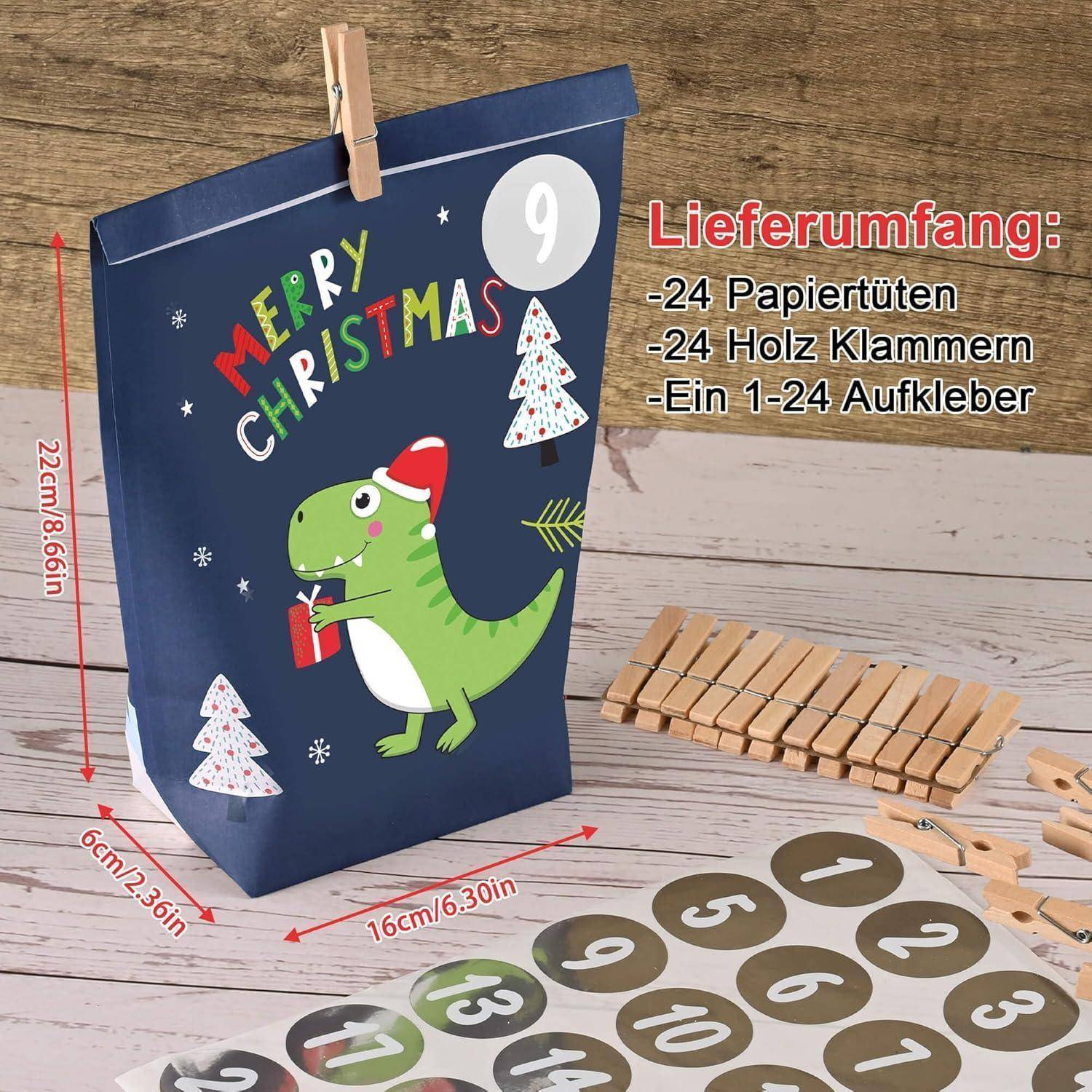 Blauer Weihnachts-Countdown-Adventskalender-Beutel mit einem Dinosaurier und „FROHE WEIHNACHTEN