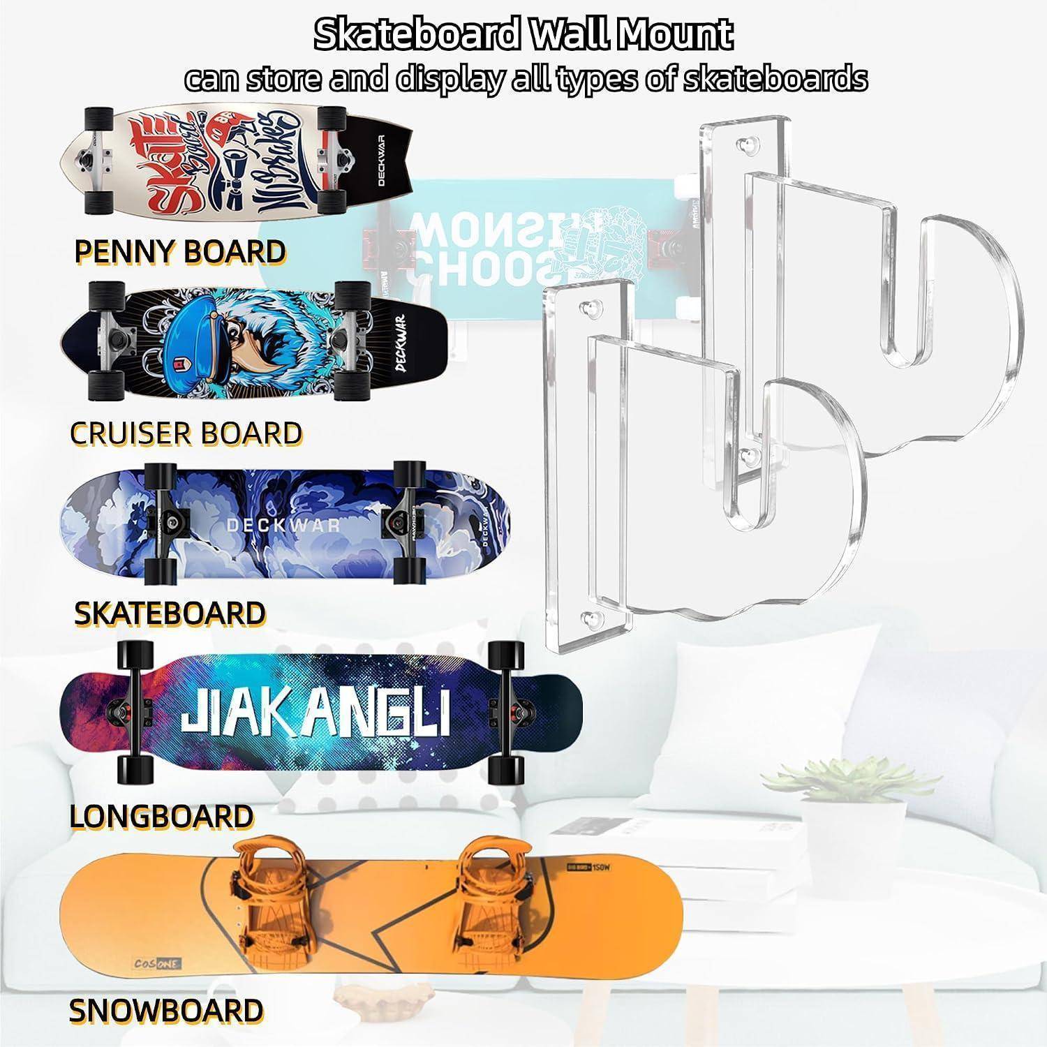 Werbegrafik für eine Wandhalterung, die Skateboards lagert und präsentiert, mit durchsichtigen Halterungen und Beispielen für Penny Board, Cruiser Board, Skateboard, Longboard und Snowboard.