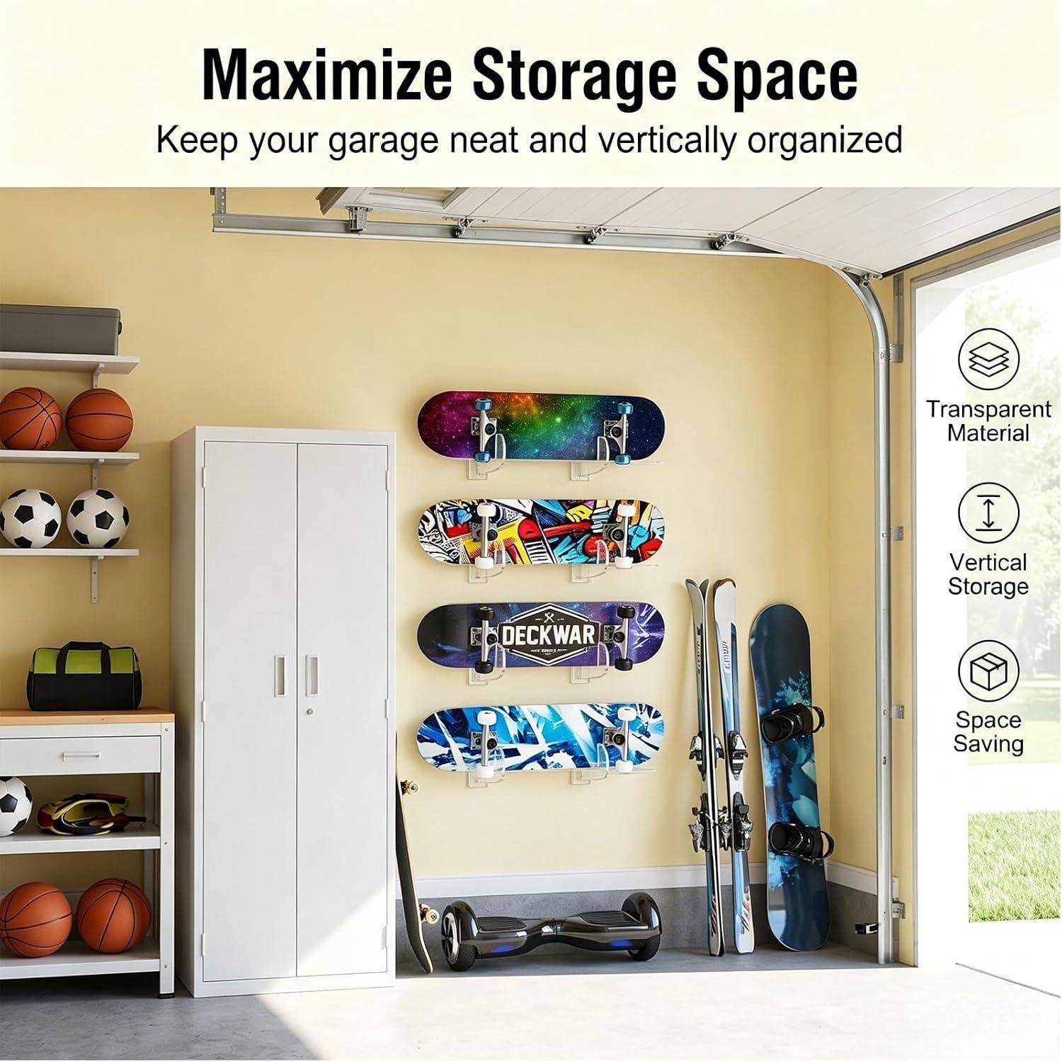 Garage-Lagerlösung mit wandmontierten Skateboard-Racks, einem Schrank, Regalen und Sportausrüstung; Text lautet „Lagerfläche maximieren