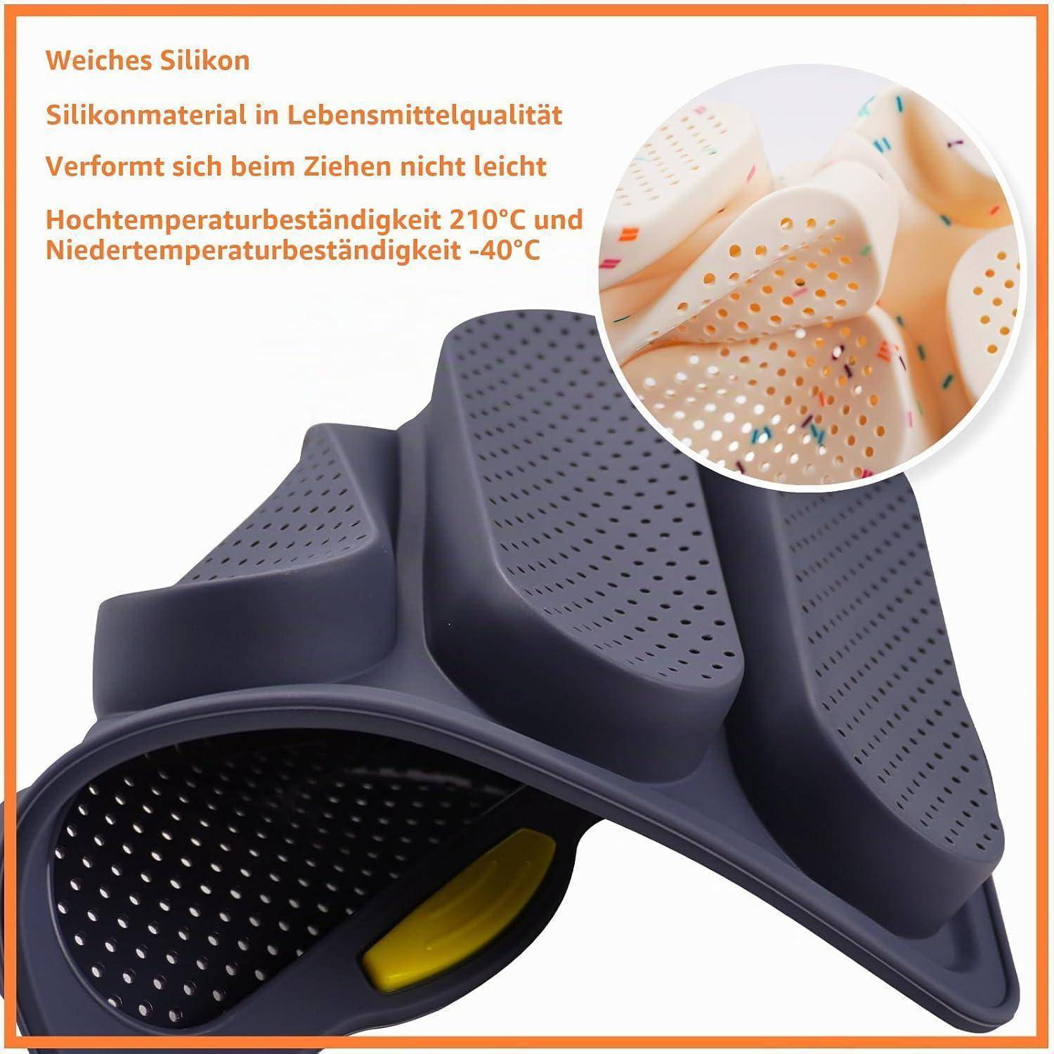 Werbebild eines flexiblen Silikon-Schuhs, das eine perforierte Innensohle zeigt und Text auf Deutsch: Lebensmittelsilikon, dehnungsresistent, Hitze 210°C und Kälte -40°C.