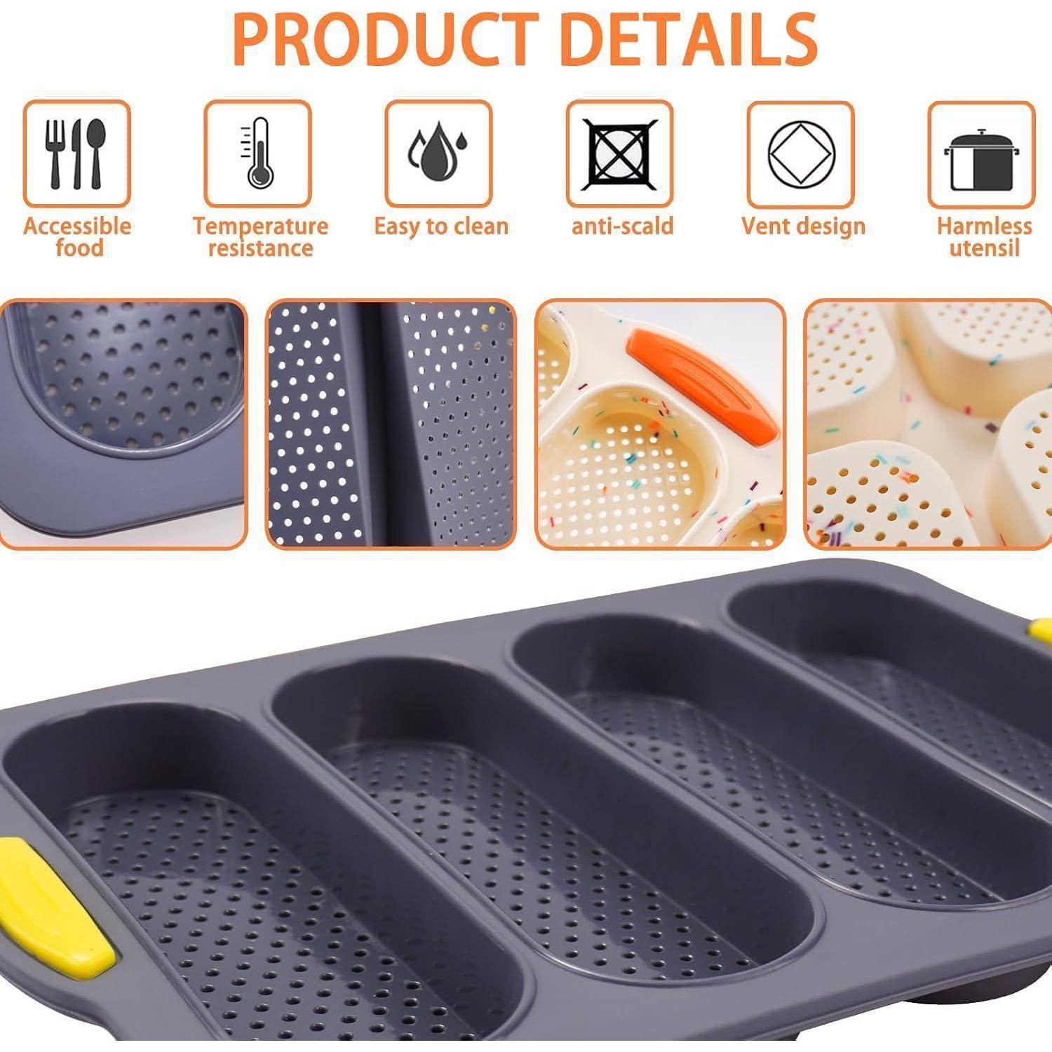 Produktdetails für ein graues perforiertes antihaftbeschichtetes Tablett mit gelben Griffen, das zugängliche Lebensmittel, Wärmebeständigkeit, einfache Reinigung, Schutz vor Verbrennungen, Belüftungsdesign und sichere Utensilien-Kompatibilität hervorhebt.
