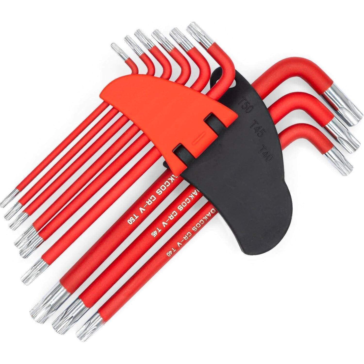Satz roter Sechskantschlüssel in einem schwarz-orangefarbenen Halter, angeordnet in einem kompakten Faltwerkzeug-Set.