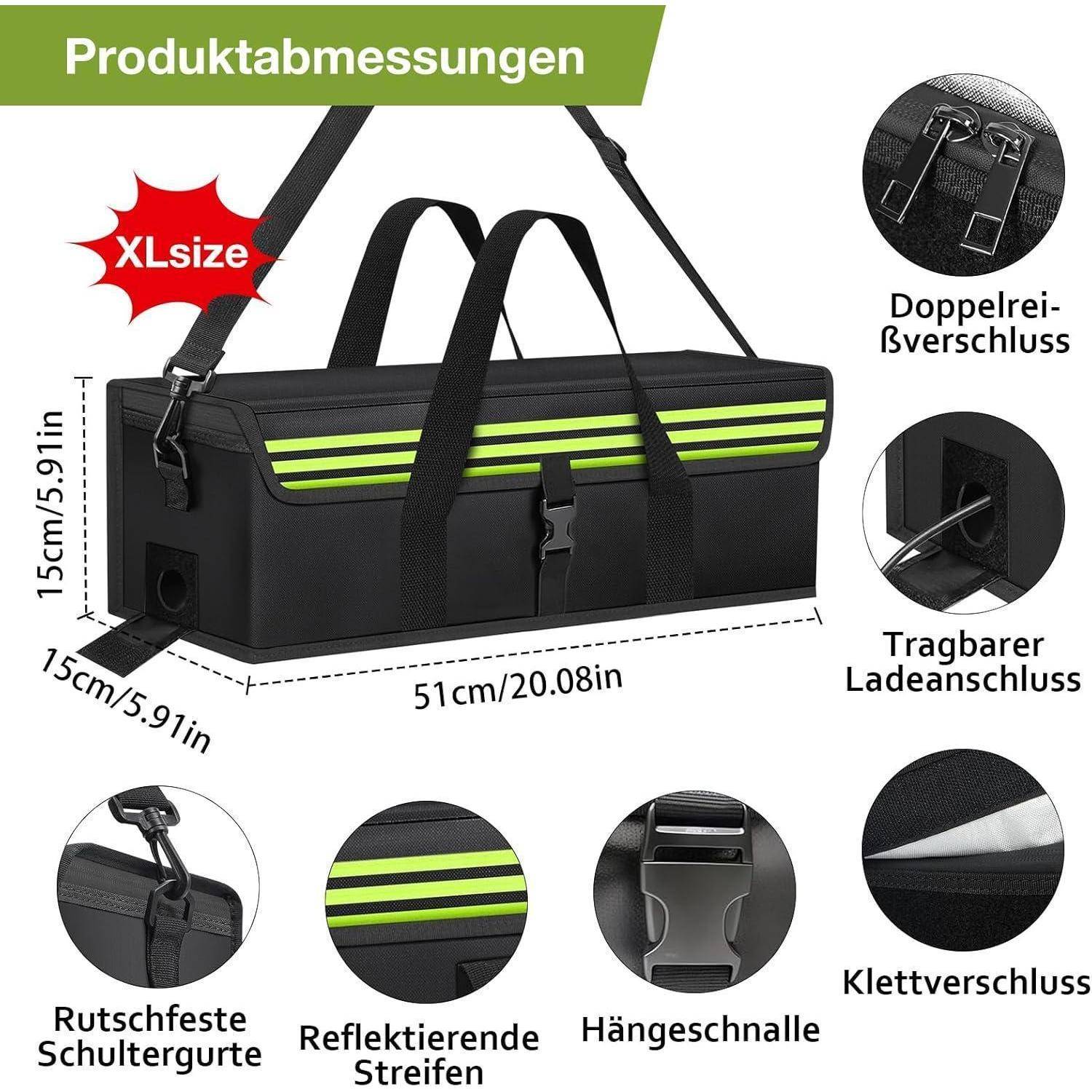 Produktdimensionendiagramm einer schwarzen isolierten Tasche mit grünen reflektierenden Streifen, beschriftet mit 51 cm x 15 cm x 15 cm, mit Symbolen für Doppelreißverschluss, Tragegriff, Schultergurt, Ladeanschluss und Klettverschluss.