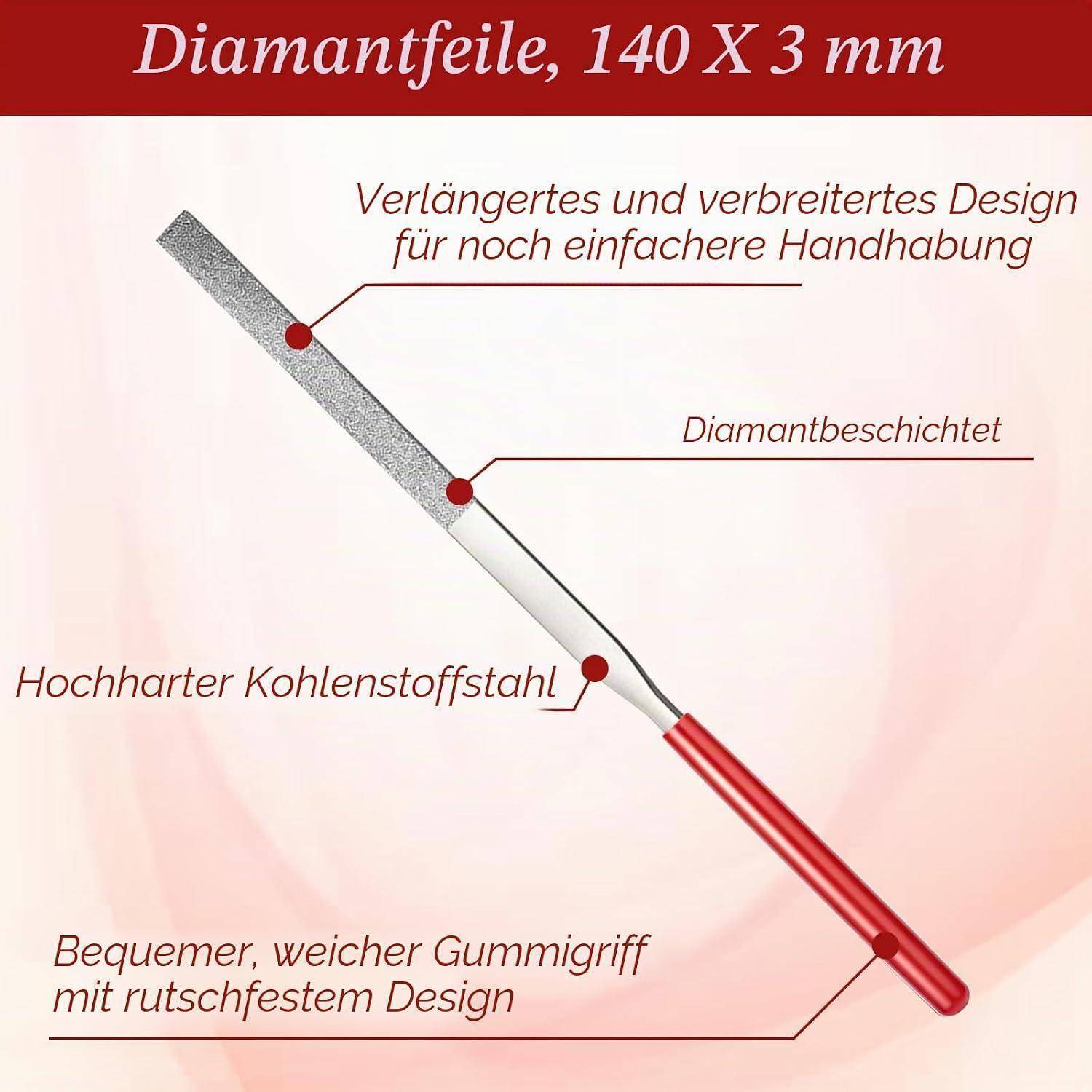 Annotiertes Diagramm einer Diamantfeile mit der Bezeichnung „Diamantfeile, 140 X 3 mm