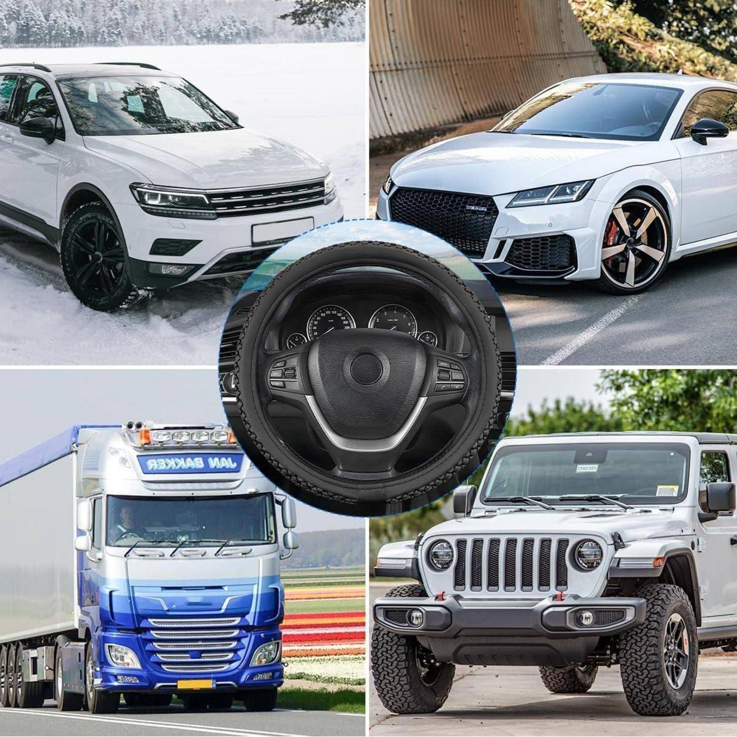 Collage von Fahrzeugen mit einem Lenkrad in der Mitte: zwei weiße SUVs, ein blauer Lastkraftwagen und ein weißer Jeep.