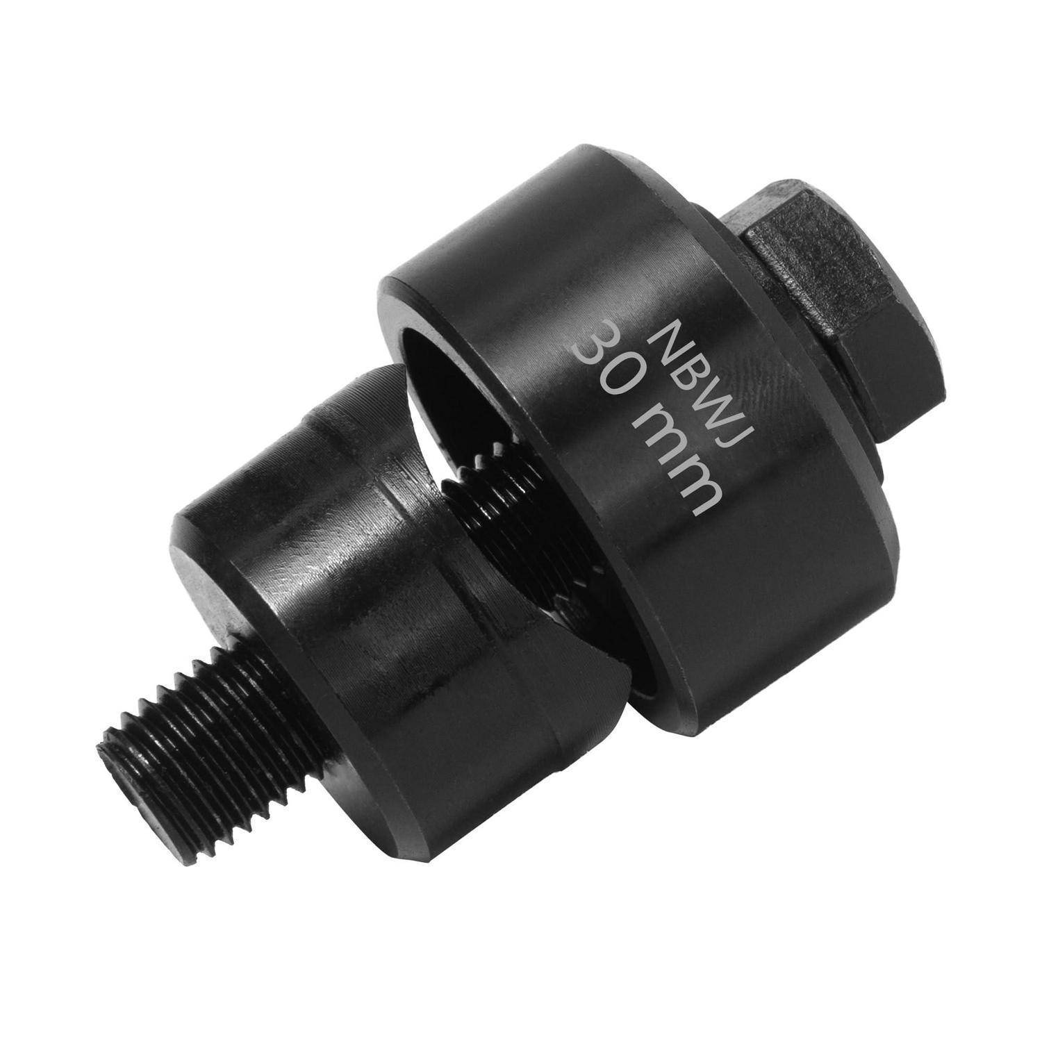 Schwarzer Metalladapter 30 mm NBBJ mit Gewinde und Sechskantauflage, gezeigt auf weißem Hintergrund.