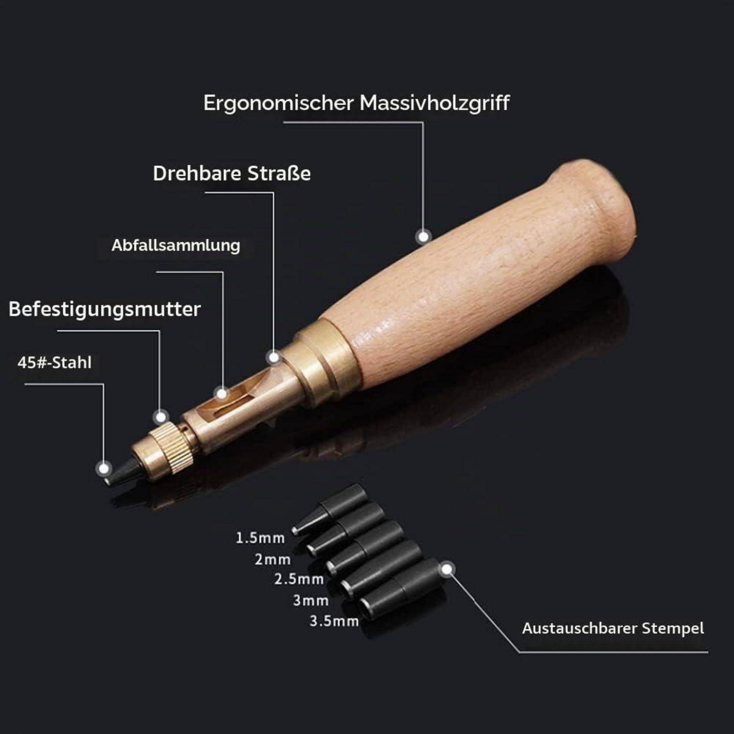 # Beschriftetes Handwerkzeug mit ergonomischem Holzgriff und austauschbaren Metallspitzen, gekennzeichnet in Deutsch, um die rotierende Welle, die Schmutzsammlung und die Stempelgrößen von 1,5-3,5 mm zu zeigen.