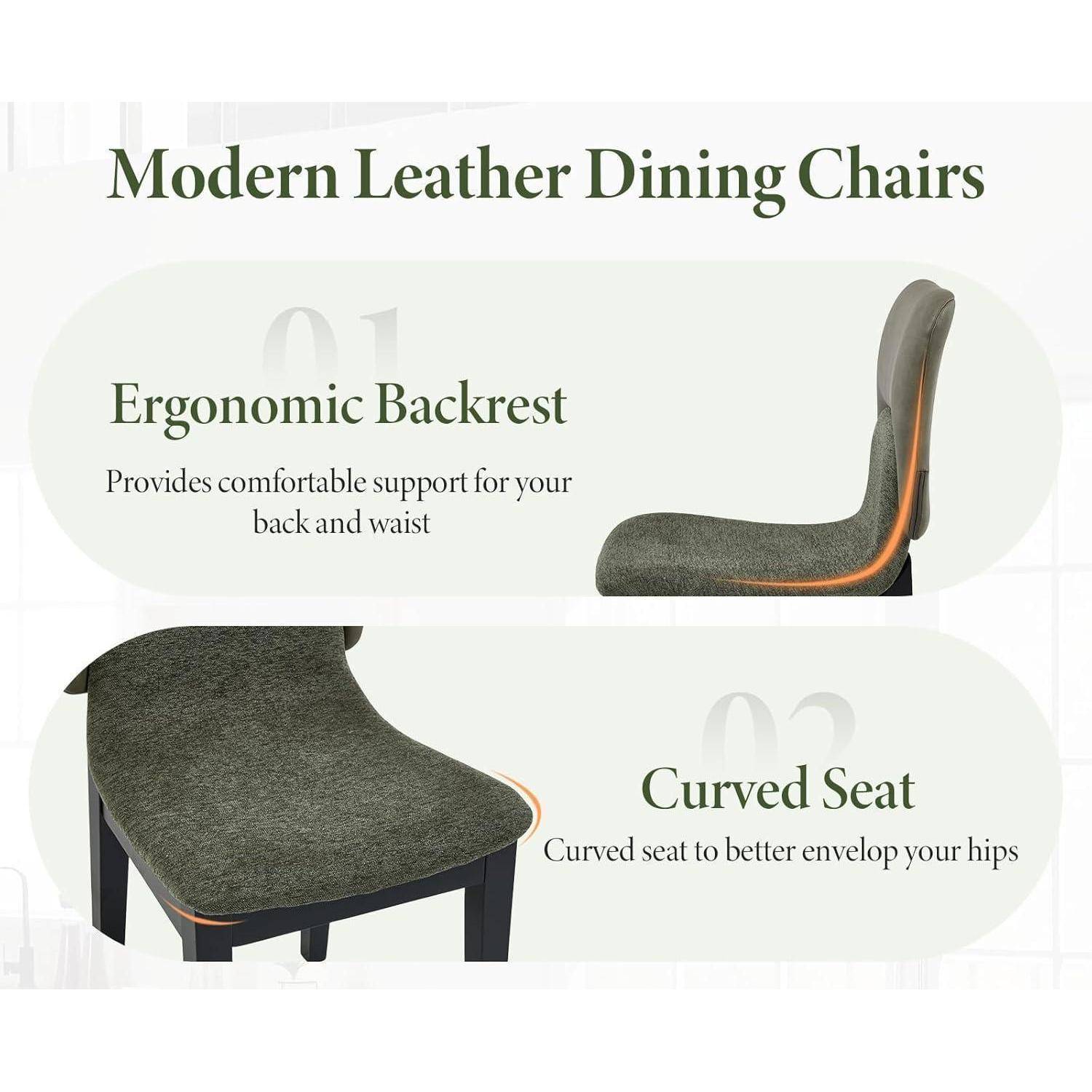 Werbegrafik für moderne Lederstühle mit Esszimmerfunktion, die eine ergonomische Rückenlehne und einen geschwungenen Sitz hervorheben, um Rücken, Taille und Hüfte optimal zu unterstützen.