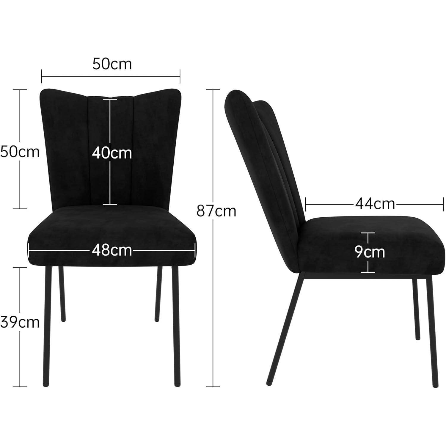 Schwarz gepolsterter Stuhl mit Vorder- und Seitenansicht und Abmessungen: 50 cm breit, 87 cm hoch, 48 cm Sitzbreite, 44 cm Sitztiefe, 39 cm Sitzhöhe, 40 cm Rückenlehne.