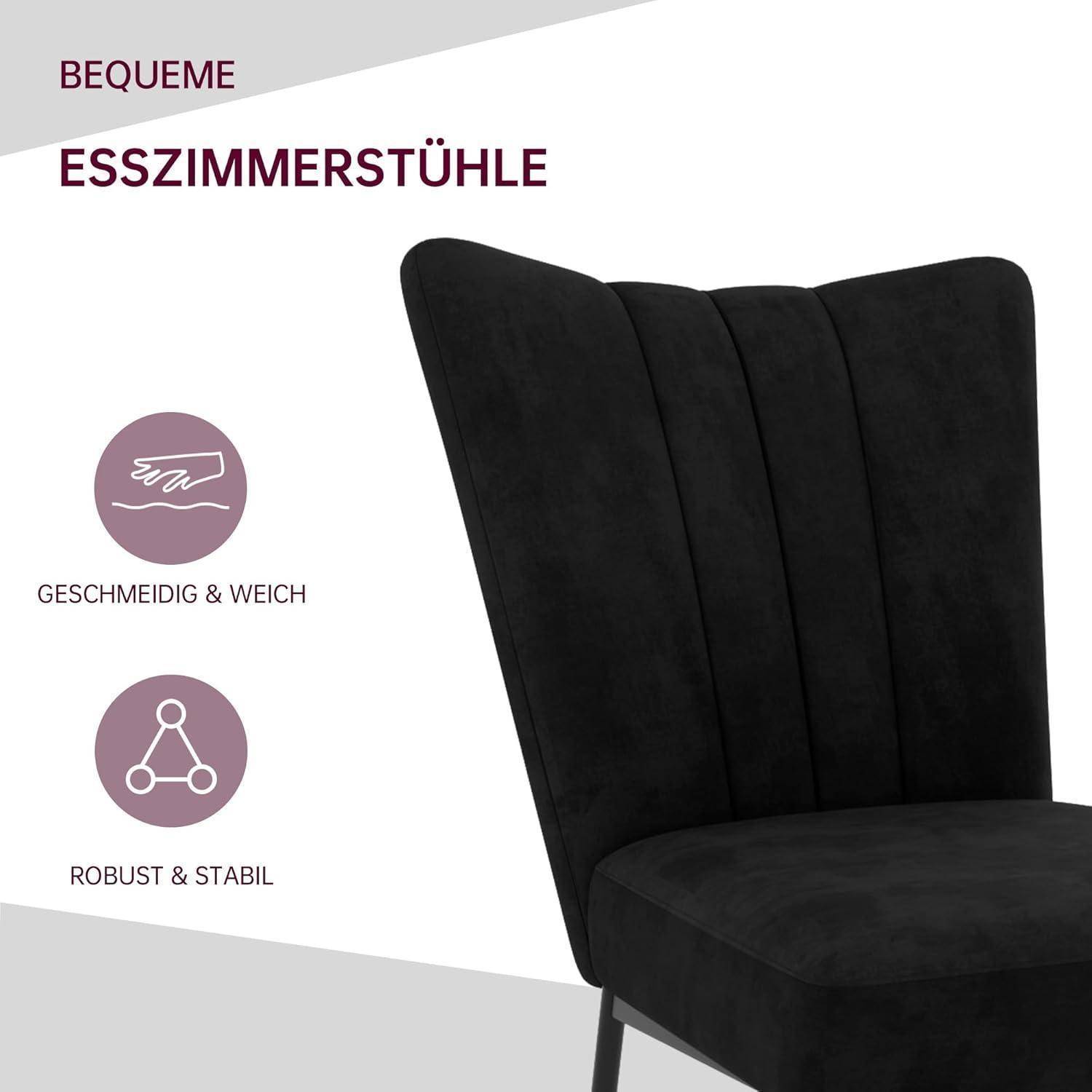 Schwarzer gepolsterter Esszimmerstuhl-Anzeige mit deutschem Text 'BEQUEME ESSZIMMERSTÜHLE', hervorgehoben 'GESCHMEIDIG & WEICH' und 'ROBUST & STABIL'.