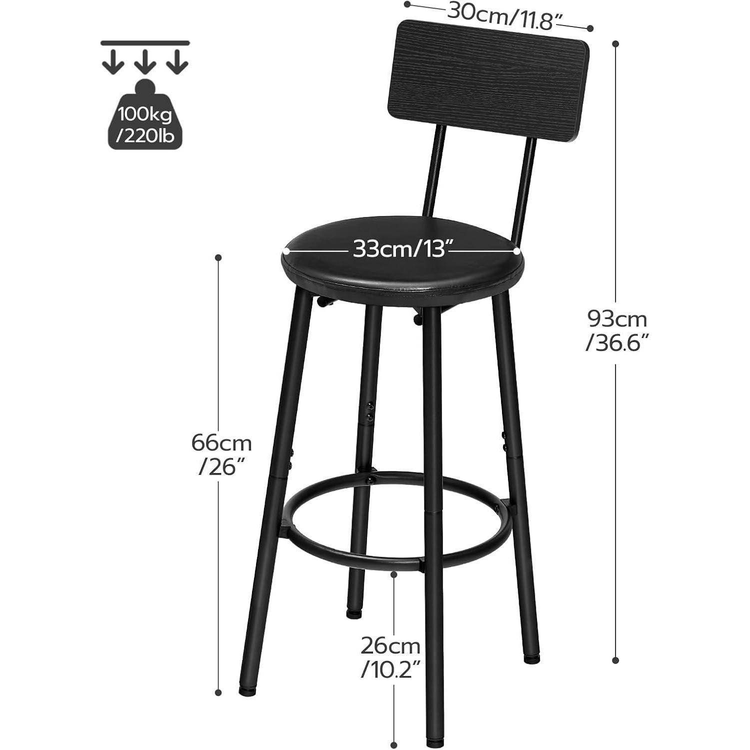 Schwarzer Barhocker mit Rückenlehne, zeigt Abmessungen: 93 cm Höhe, 66 cm Sitzhöhe, 33 cm Sitzbreite, 30 cm Rückenlehnenbreite, 26 cm Fußstütze; unterstützt 100 kg.