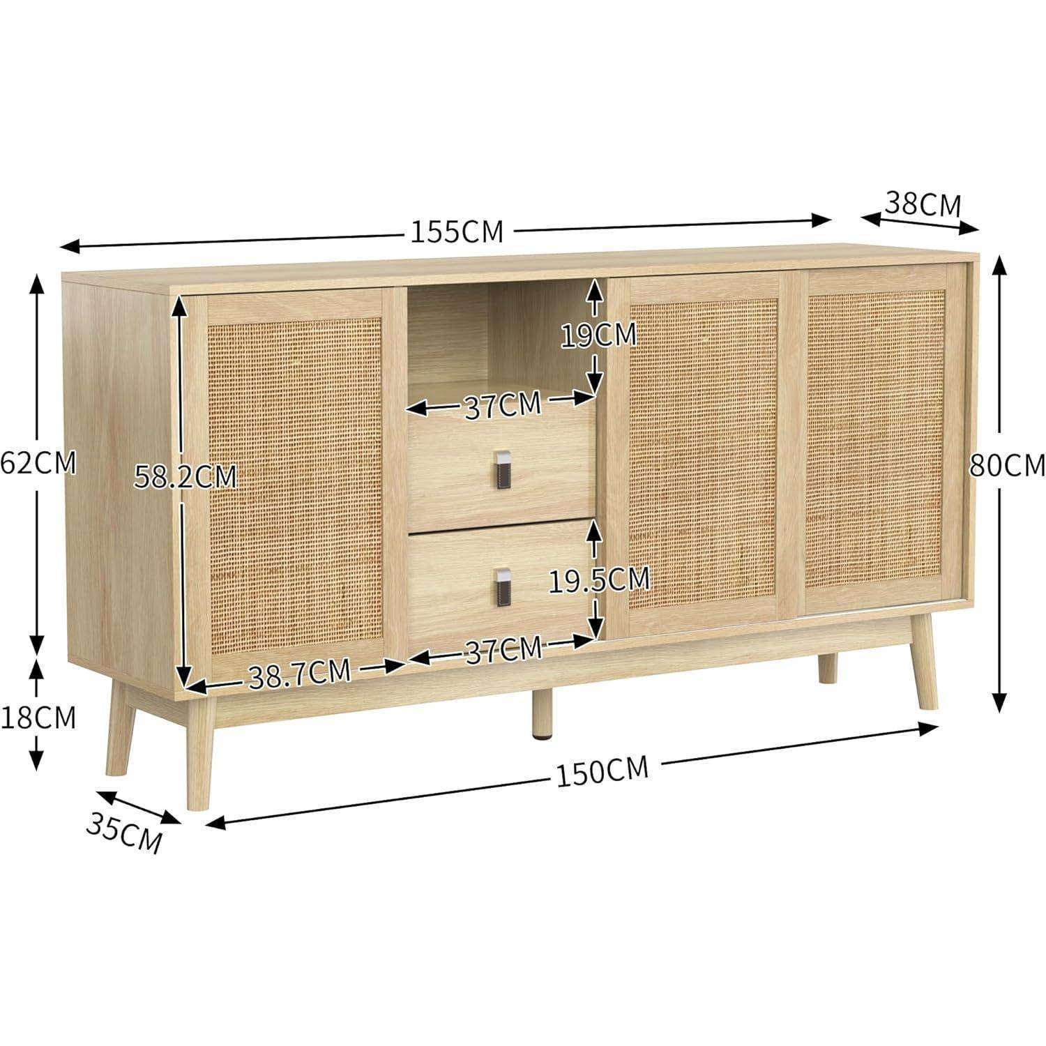 Holzkommode mit vier Türen und zwei mittleren Schubladen, dargestellt mit den Maßen: 155cm breit, 80cm hoch, 38cm tief.