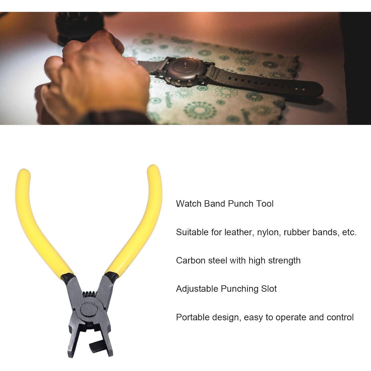 Produktabbildung eines Uhrenarmbandloch-Stanzwerkzeugs mit gelben Griffen und verstellbarem Stanzschlitz, dargestellt mit einem Uhrenarmband und Funktionstext für Leder-, Nylon- und Gummiarmbänder.