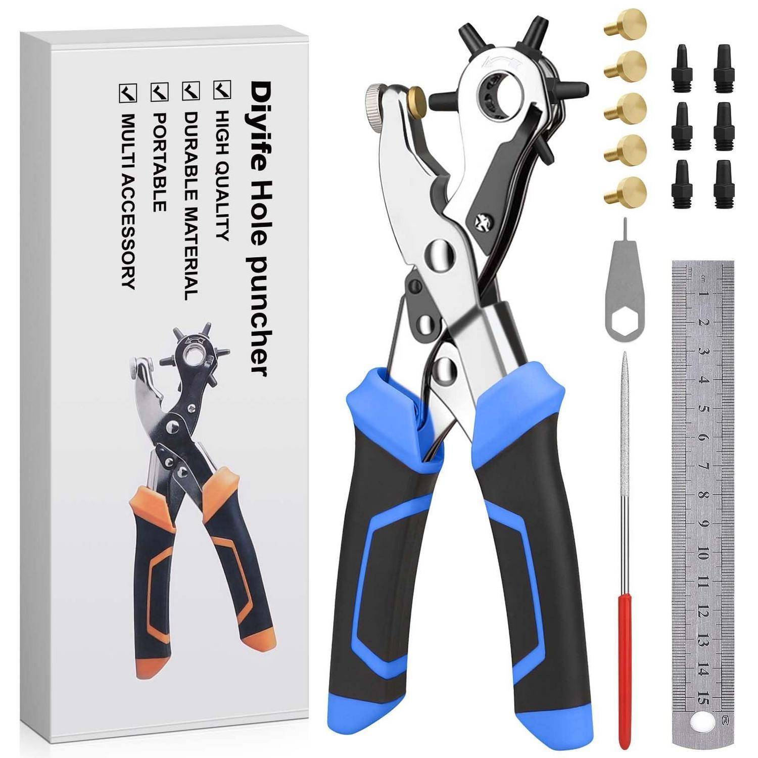Diyife Lochstanzset mit Zange, mehreren Stanzköpfen, Ersatzstiften, Schraubendreher und Lineal neben der Produktbox mit den Aufschriften „hochwertig