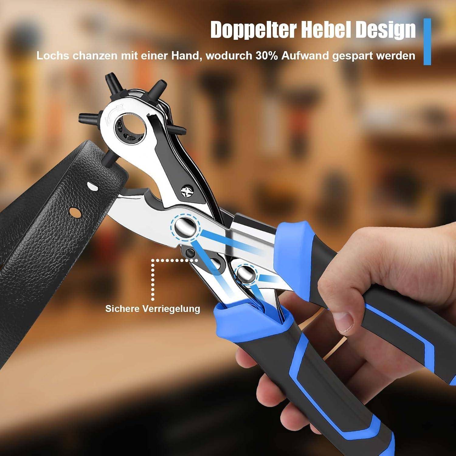Nahaufnahme einer Hand, die ein schwarzblaues Hebellochzange zum Stanzen eines Gürtellochs verwendet; deutscher Text sagt „Doppelter Hebel Design" und „Sichere Verriegelung"".