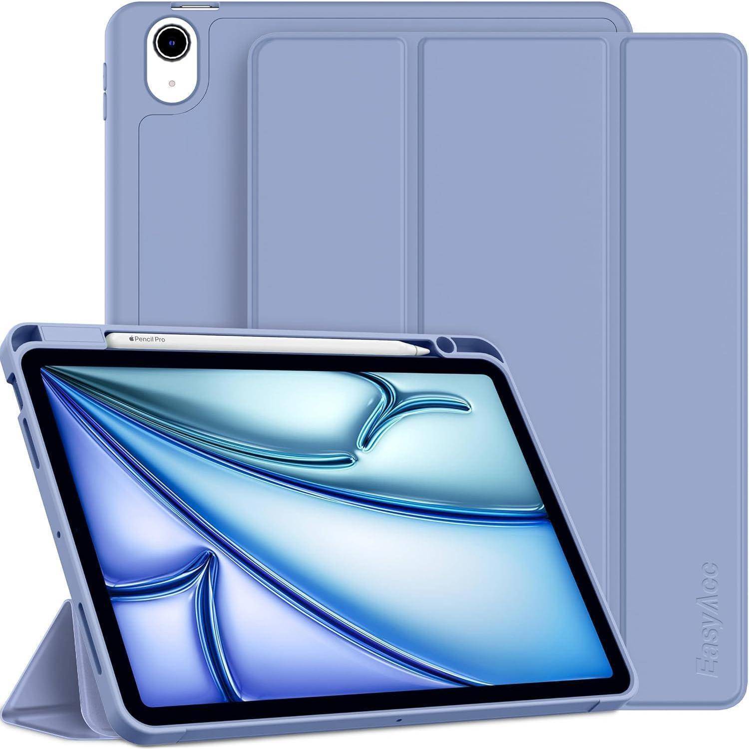 Blaue Tablet-Folio-Schutzhülle mit Dreieck-Ständer, gezeigt aufgeklappt mit dem Tablet in Querformat und geschlossen dahinter, mit Ausschnitt für die rückwärtige Kamera.