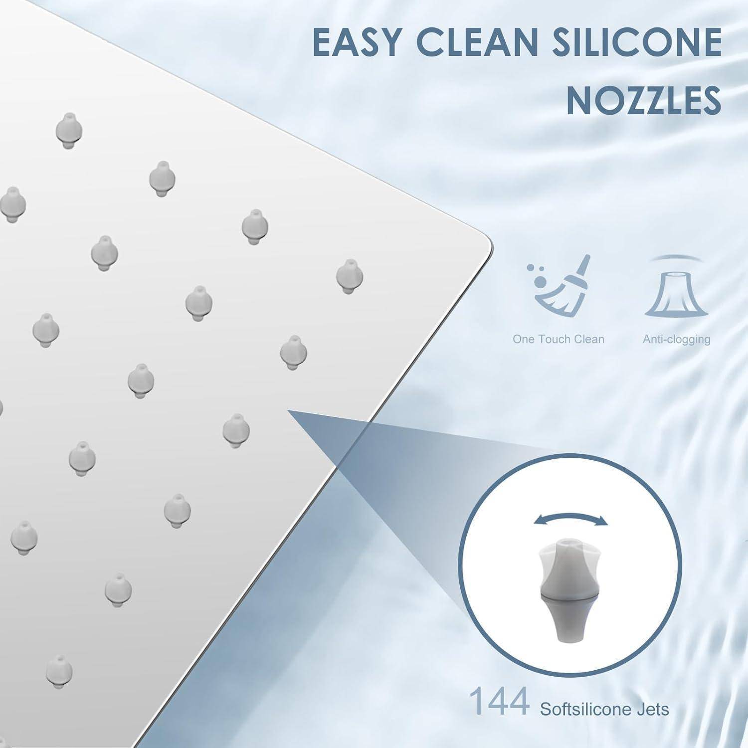Werbegrafik eines Duschkopfs mit vielen Silikon-Düsen, gekennzeichnet mit „EASY CLEAN SILIKON-DÜSEN