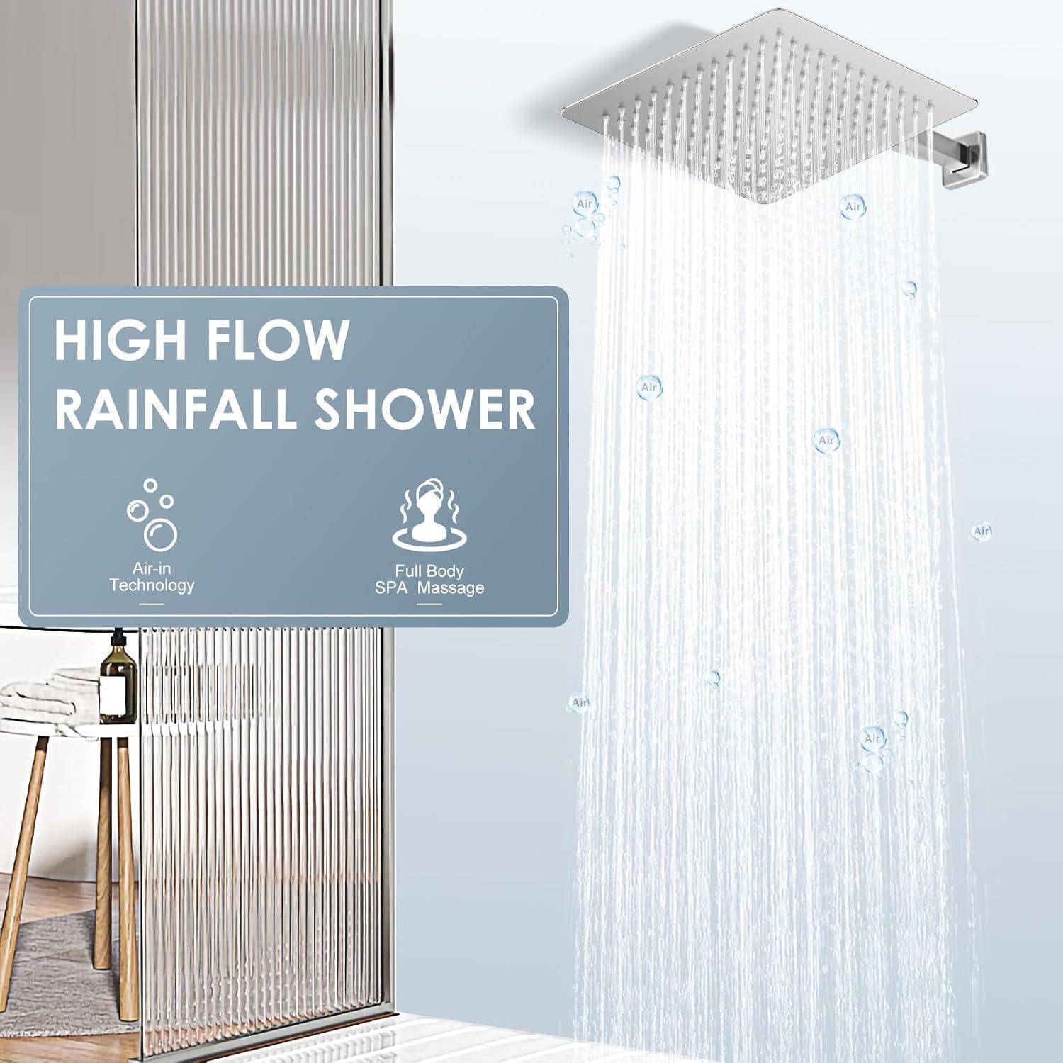 Quadratischer Regen-Duschkopf mit starkem Wasserstrahl im Badezimmer; Text lautet „HOCHLEISTUNGS-REGENDUSCHE