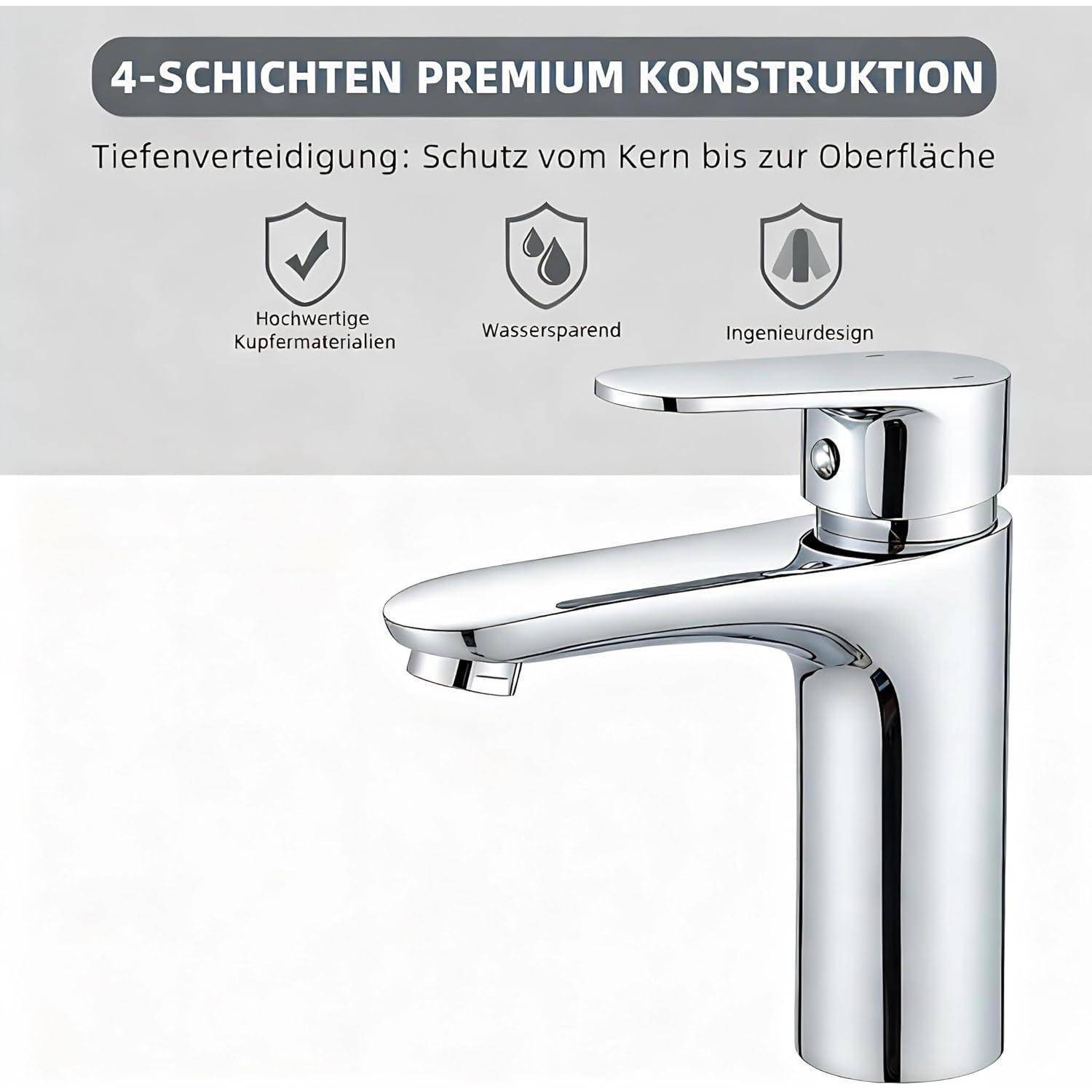 Chrome-Badezimmerhahn-Anzeige mit deutschem Text „4-Schichten-Premium-Konstruktion