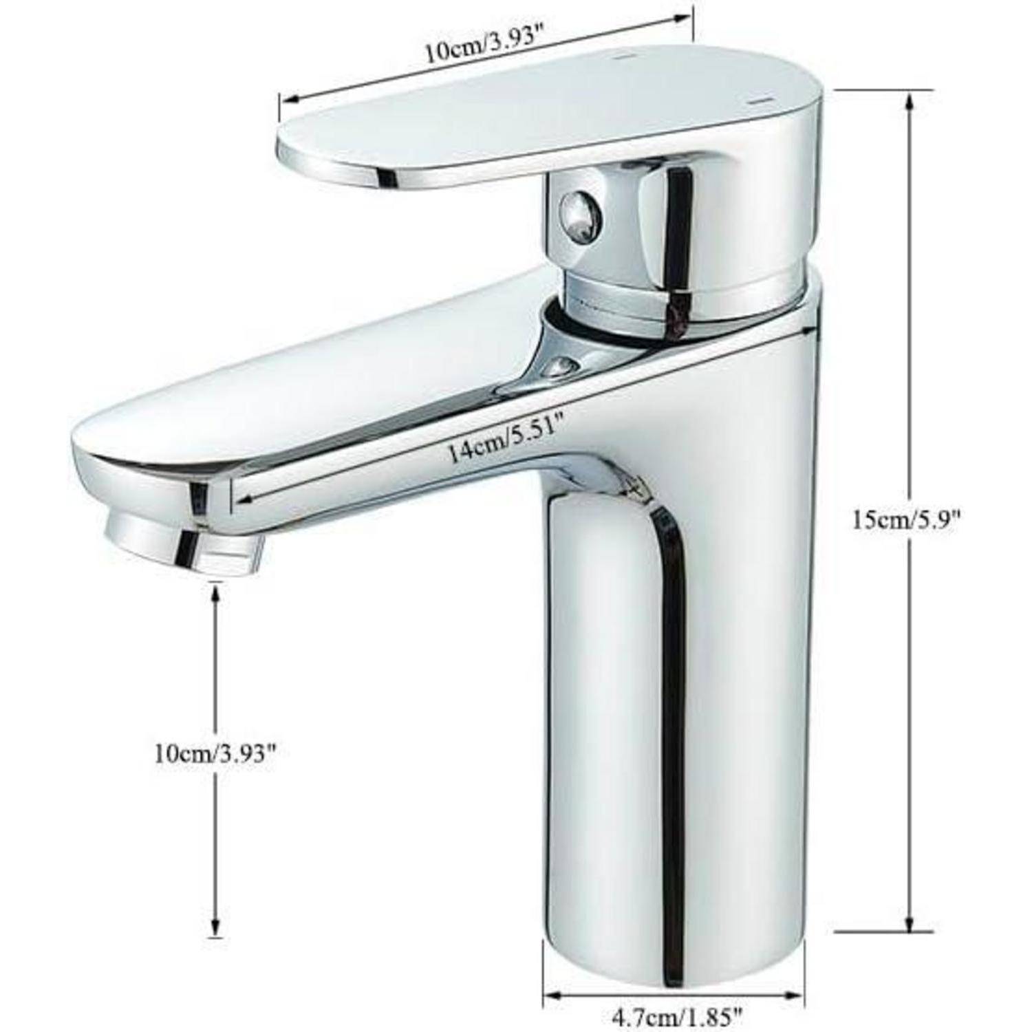 Verchromter Einhebel-Badezimmerhahn mit beschrifteten Abmessungen: 15 cm Höhe, 14 cm Auslauflänge, 10 cm obere Länge und 4,7 cm Basisbreite.