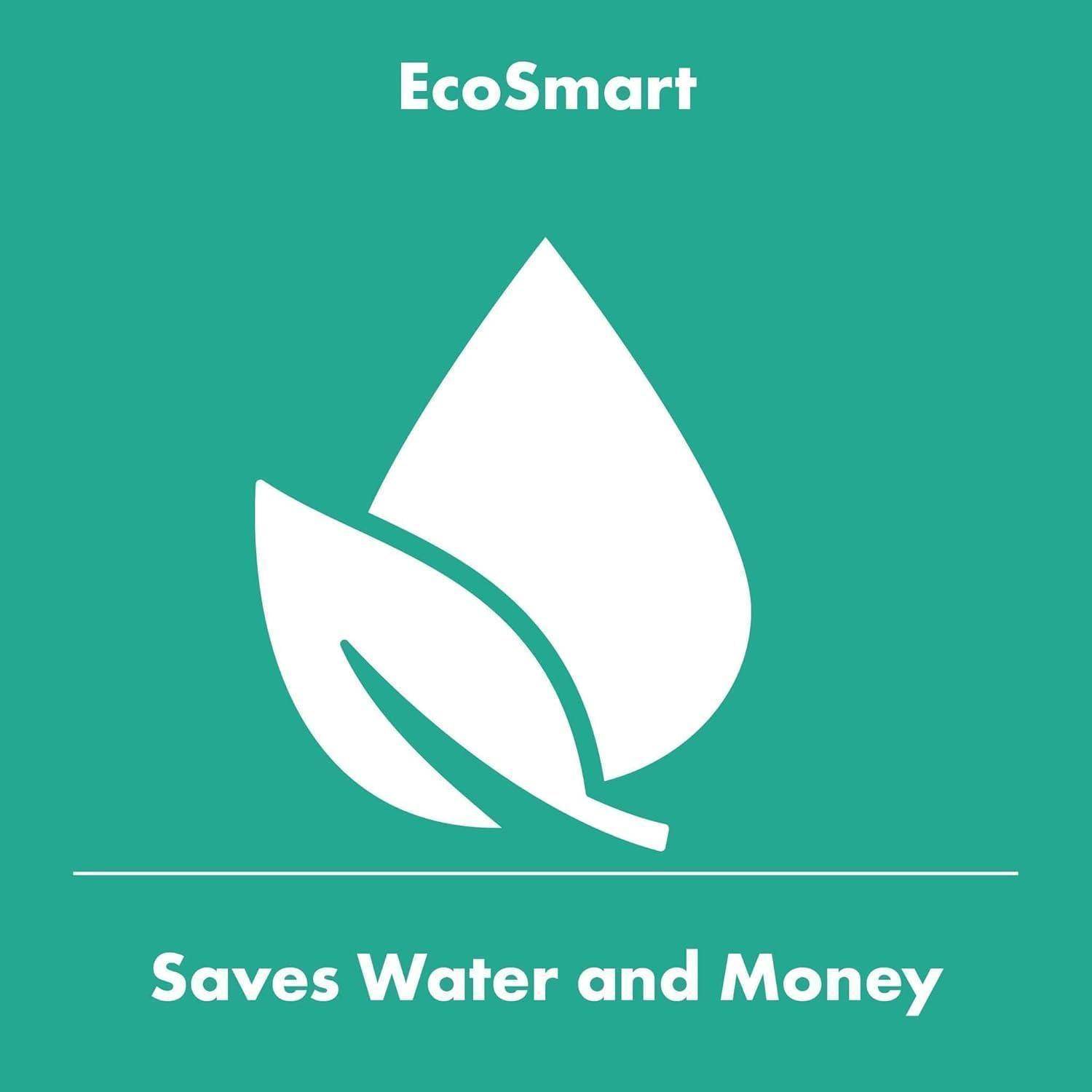 EcoSmart-Logo mit zwei weißen Wassertropfen und einem Blatt auf tealblauenem Hintergrund, mit dem Slogan „Spart Wasser und Geld