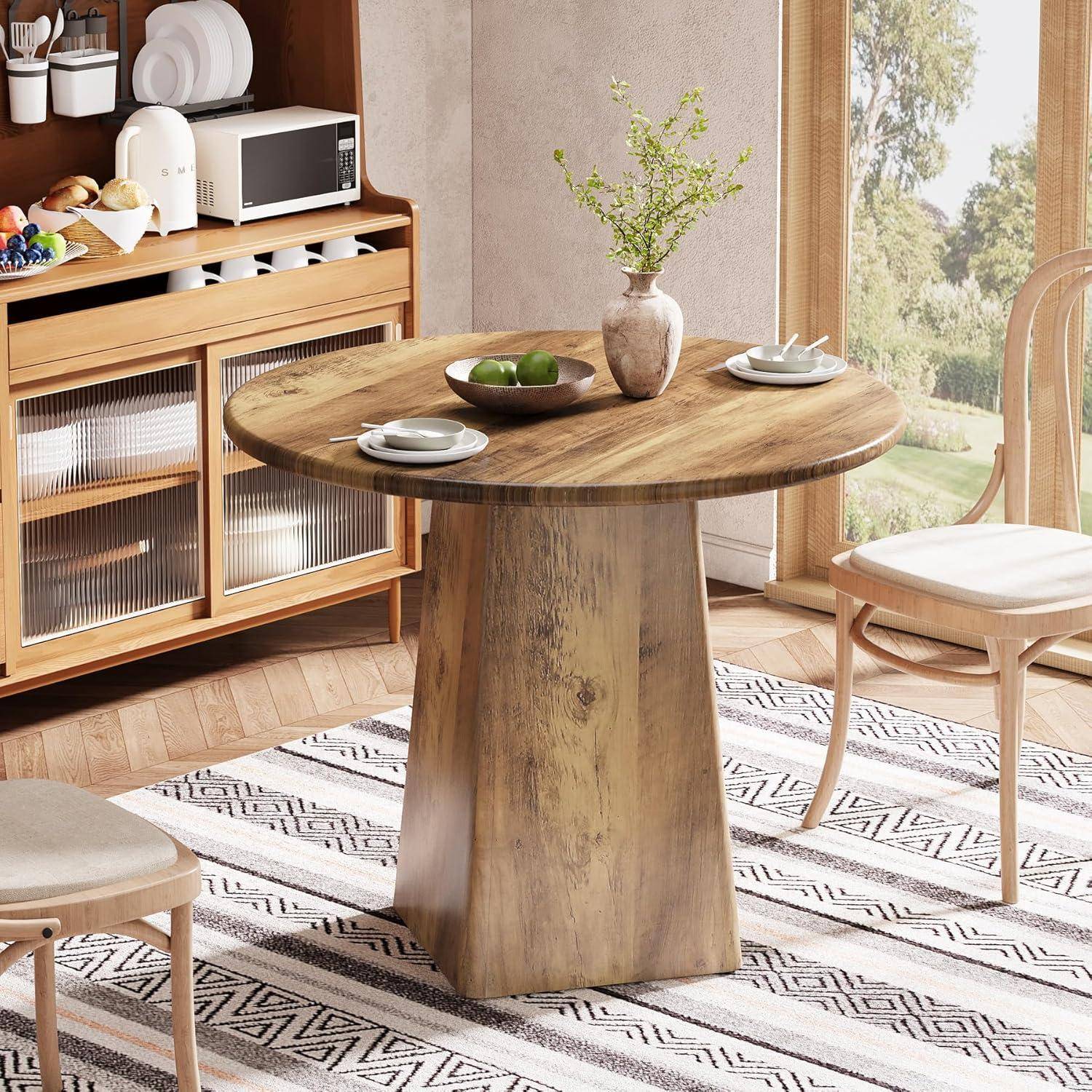Helles Esszimmer mit einem runden Tisch auf Holzpiedestal, eingedeckt mit Tellern, einer Schüssel mit Limetten und einer Vase, neben einem Sideboard und einem sonnendurchfluteten Fenster.