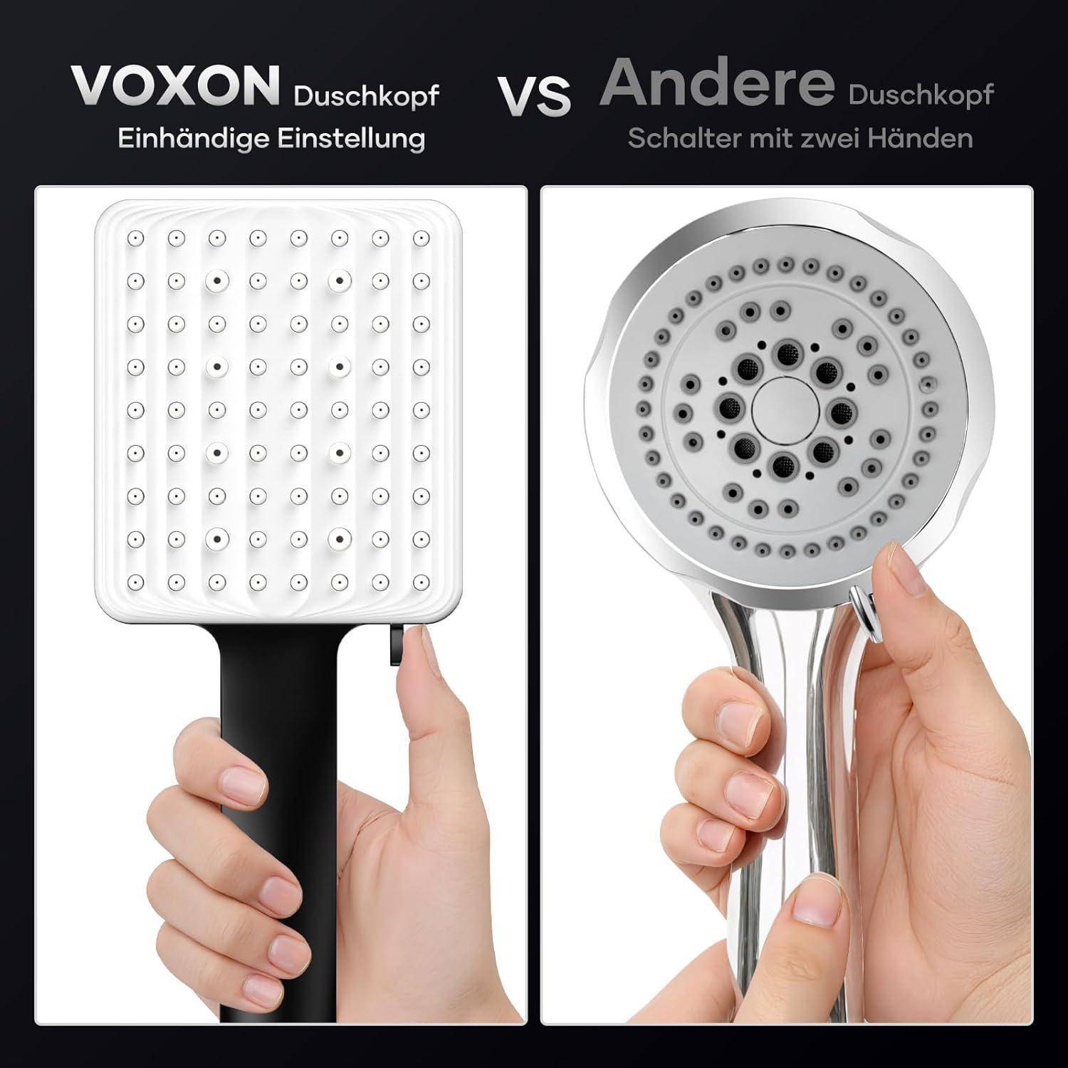 Vergleichsgrafik: VOXON-Duschkopf mit einhändiger Schalterverstellung gegenüber einem anderen Duschkopf, der zwei Hände erfordert.