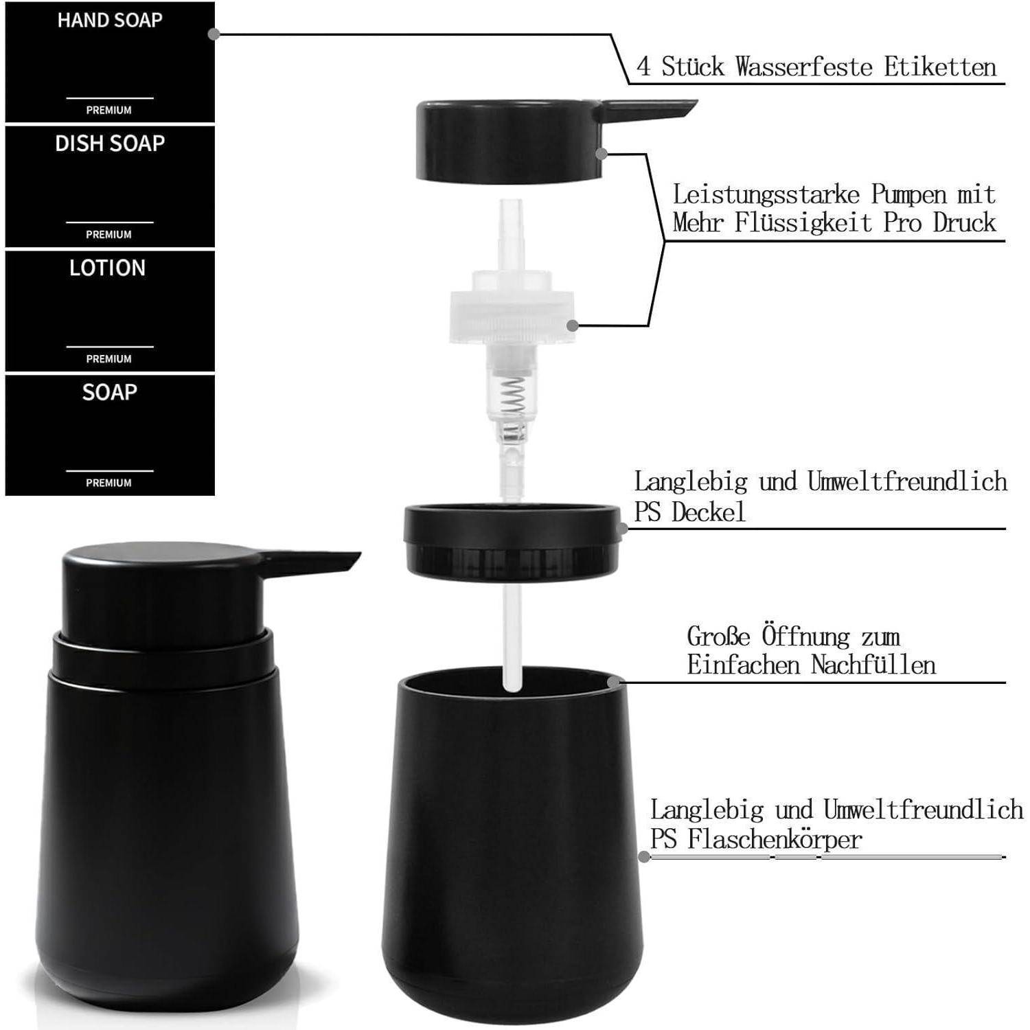 Seifenspender Schwarz Bad Küche Spülmittelspender 2 Stück 320 ml Kunststoff Pumpspender Soap Dispenser Tropffrei Große Öffnung Duschgel Shampoo S