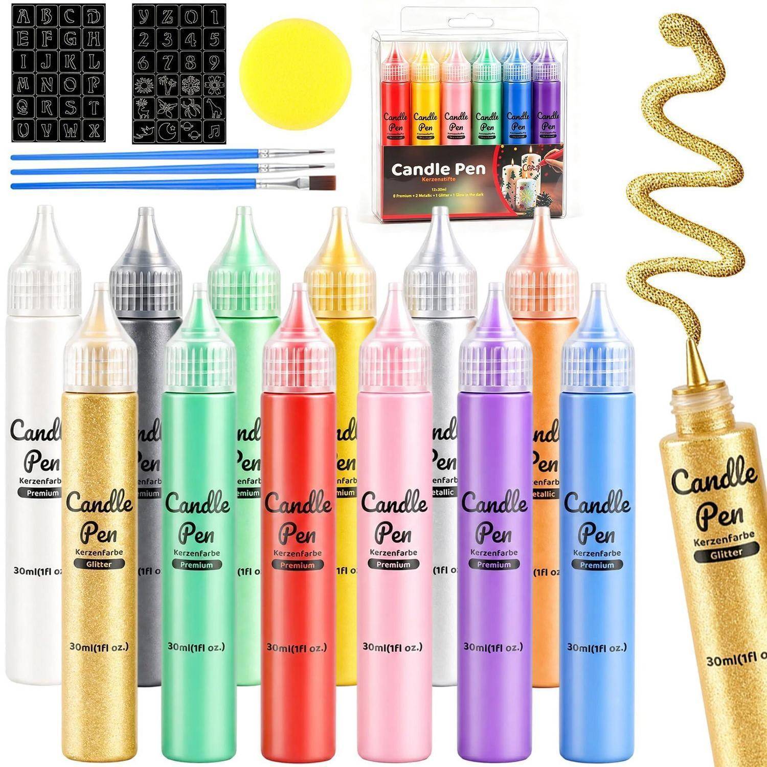 Assortierte Glitter-Kerzensstifte und Werkzeuge zum Verzieren von Kerzen, gezeigt in mehreren Farben mit Spitzen, Schablonen und einer Goldglitter-Musterschleife.