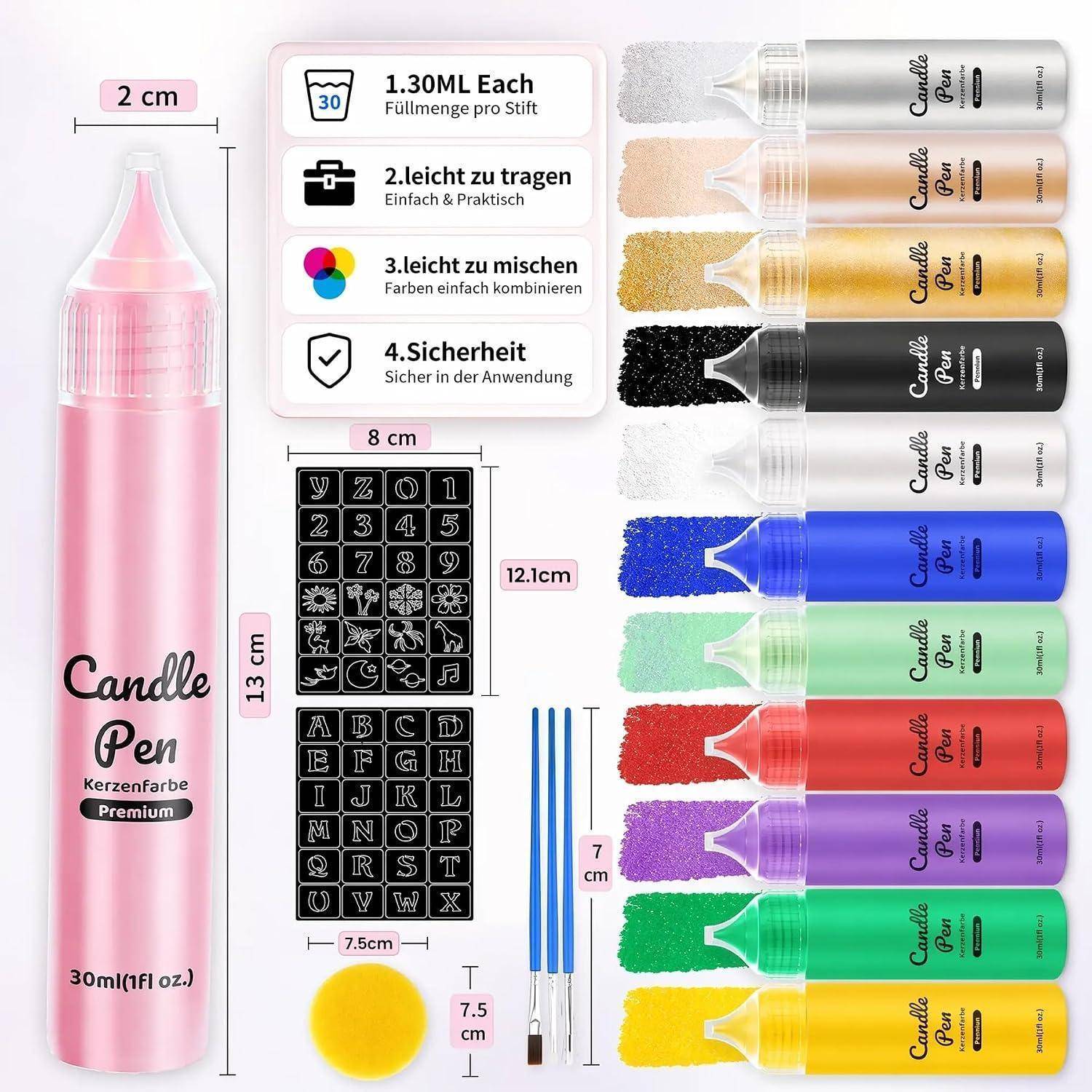 Produktbild von Candlle Pen 30ml Kerzenfarbe, zeigt Flaschenformat, Alphabet-/Zahlenstempelblätter, Applikatoren und mehrere Farboptionen zum Mischen und Verzieren von Kerzen.