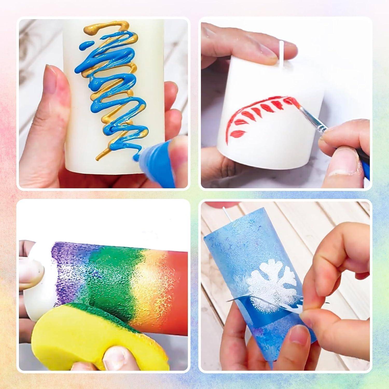 Vier-Schritte-Kerzen-Dekorations-Collage: blaue und goldene Zickzack-Glasur, rotes Blattmuster-Malerei, Regenbogen-Schwamm-Malerei und blaue Schablone mit weißem Blattdesign.