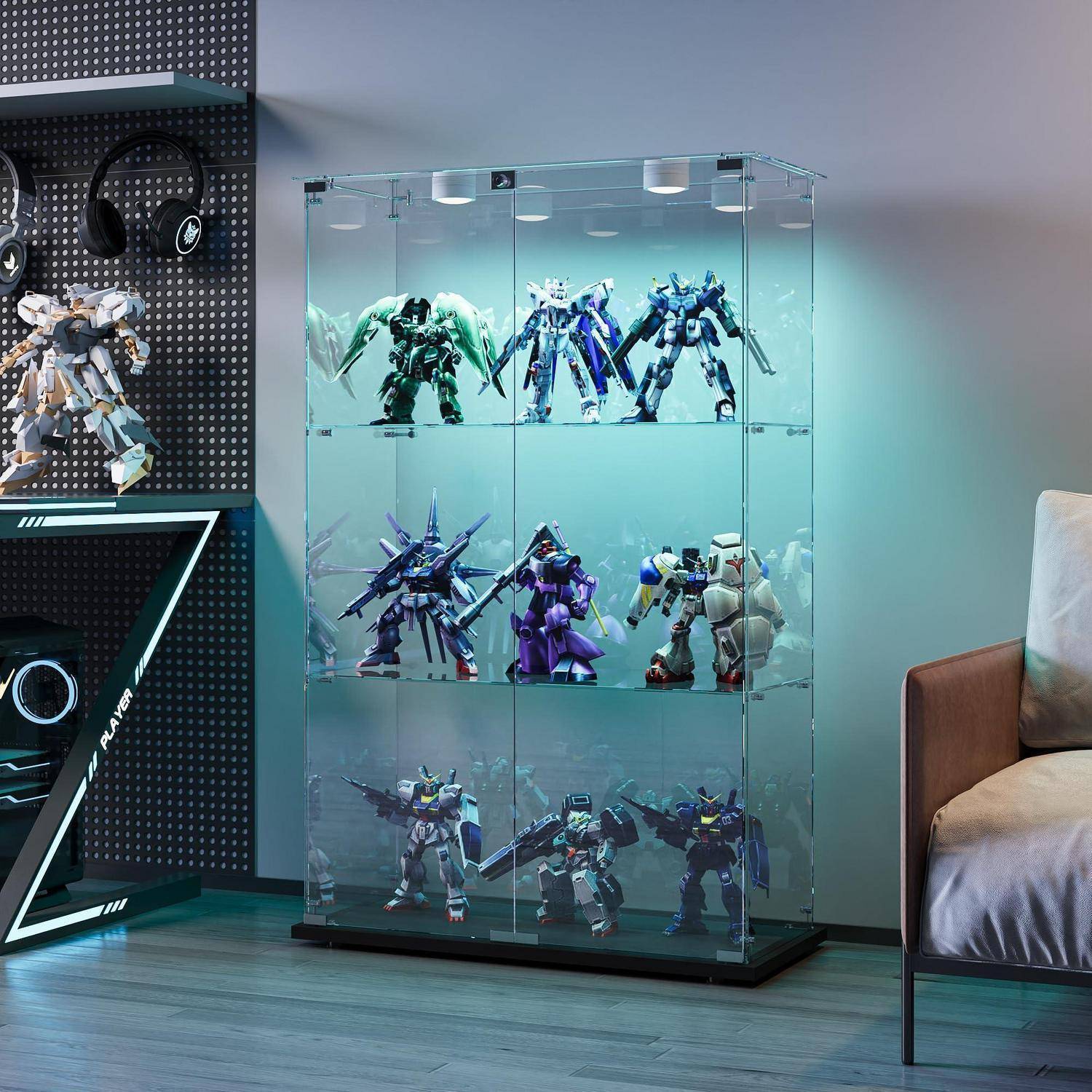 Vitrine aus Glas, moderner Sammlerschrank aus Glas, 3 Schichten, mit mehrfarbigem LED-Licht, Aufbewahrungsschrank aus Glas auf Fuß, 78,5 x 35 x 123