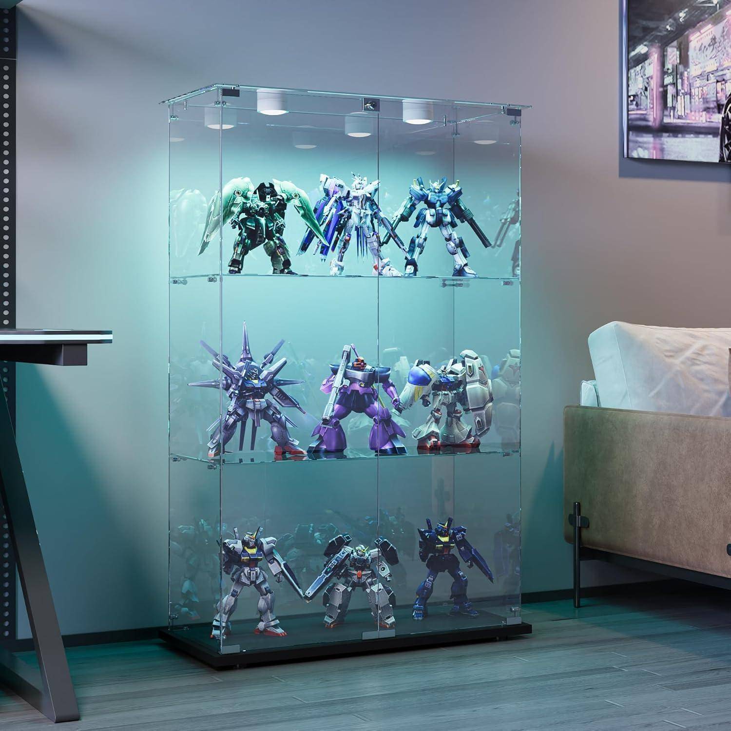 Glasvitrine Standvitrine,Glasvitrine Stehend mit Led,3 Lagen Glas Holz Glas Vitrine Vitrinenschrank 2 TüR und Schloss Vitrine Glasschrank Display