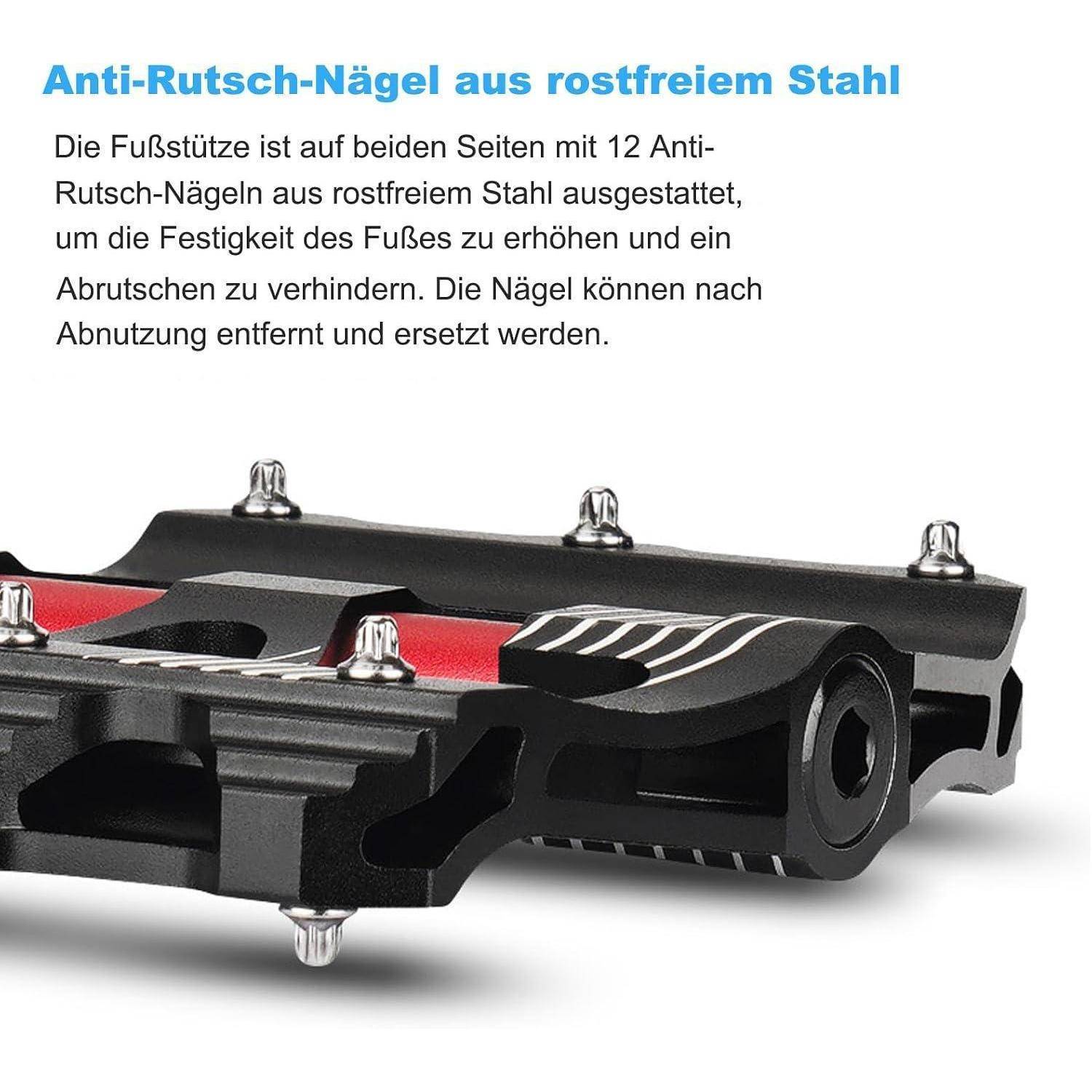 Produktbild eines Fußpedals mit 12 Edelstahl-Antihaft-Nägeln auf beiden Seiten; der Text besagt, dass die Nägel nach Verschleiß entfernt und ausgetauscht werden können, um ein Verrutschen zu verhindern.