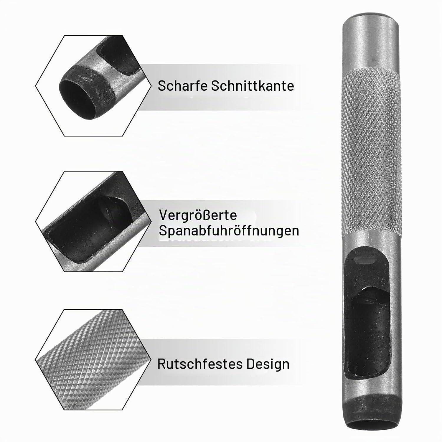 Produktbild eines strukturierten Metallwerkzeugs mit beschrifteten Nahaufnahmen, die eine scharfe Schneidkante, vergrößerte Spanabwurföffnungen und ein rutschfestes Design hervorheben.