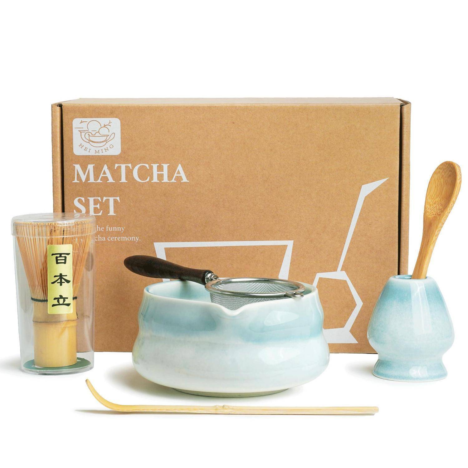 Premium Matcha Set 6-teilig – Exklusives Matcha Tee Set mit Bambus-Chasen (Besen), Blau Keramik-Schale, Sieb, Löffel & Zubehör, Originelles Gesche